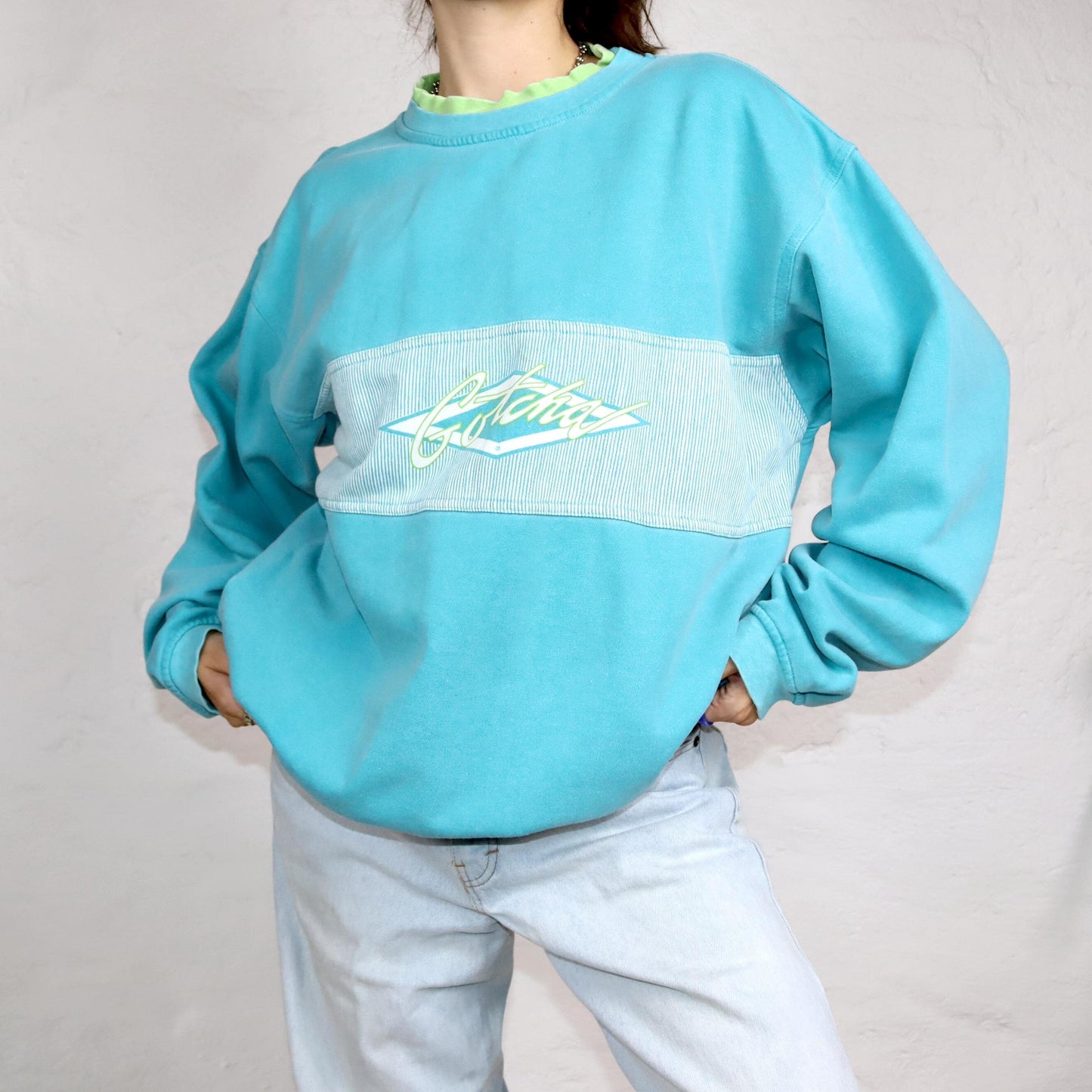 Vintage 80er 90er GOICHA Sweatshirt Pullover türkis blau gestreift Print L