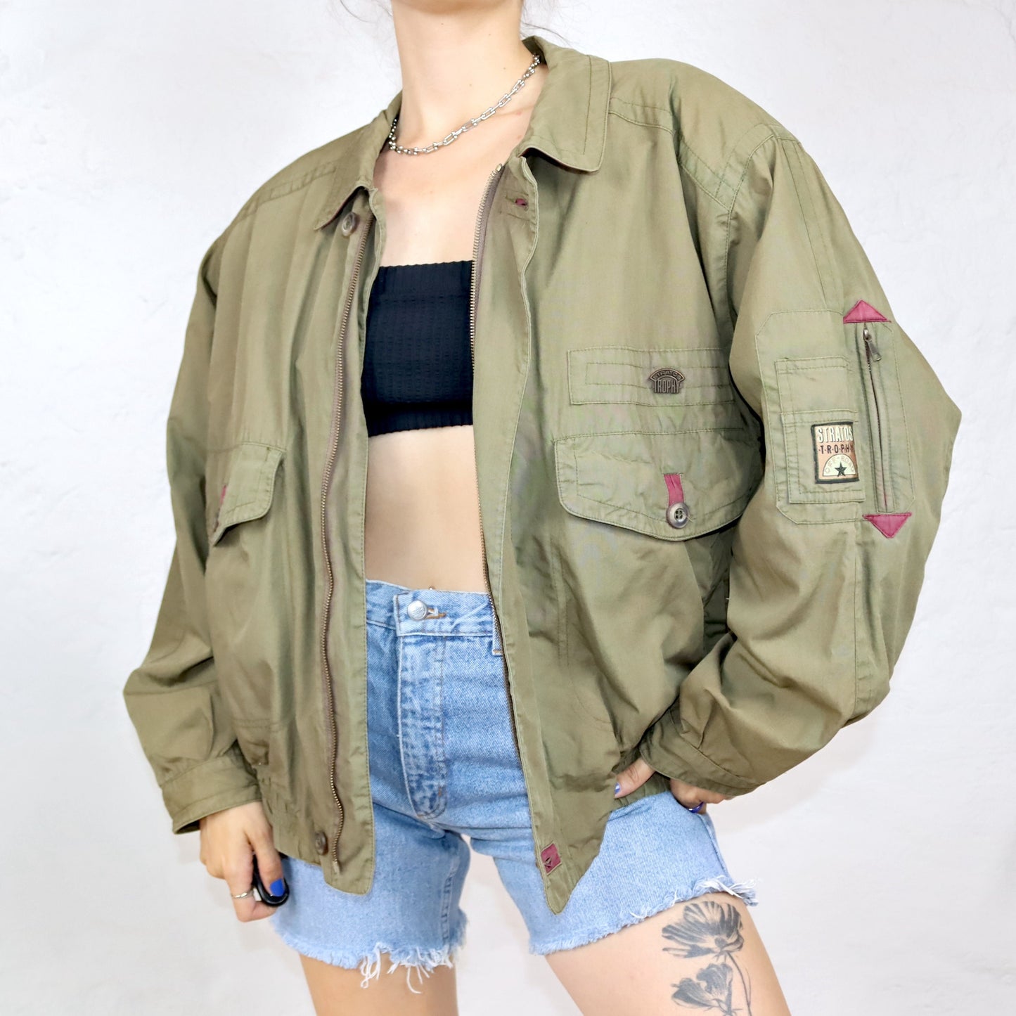 Vintage 80s 90s STRATOS lightweight jacket khaki shoulder pads L