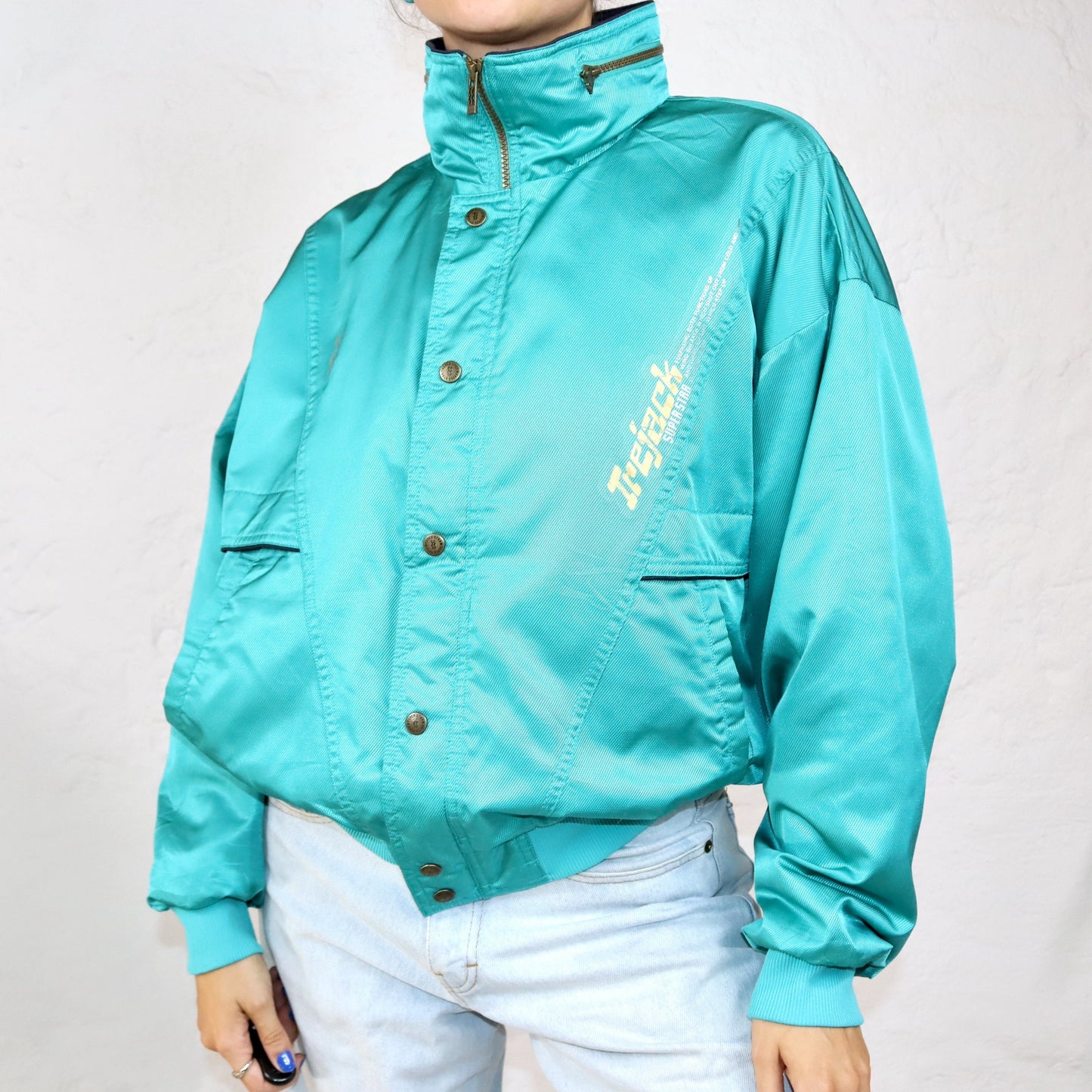 Vintage 80s 90s SUPER STAR thin jacket stand-up collar shiny turquoise M