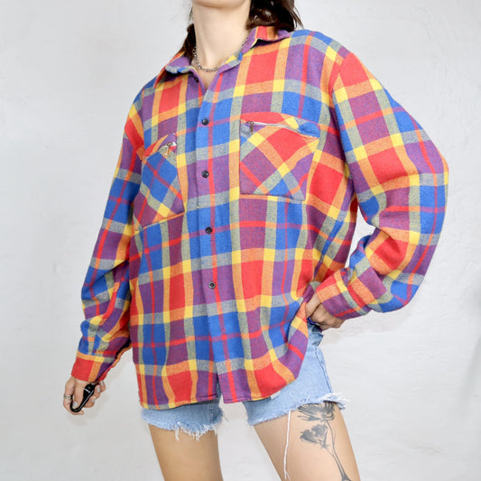 Vintage 80er 90er Flanellhemd langarm bunt Reißverschluss XL