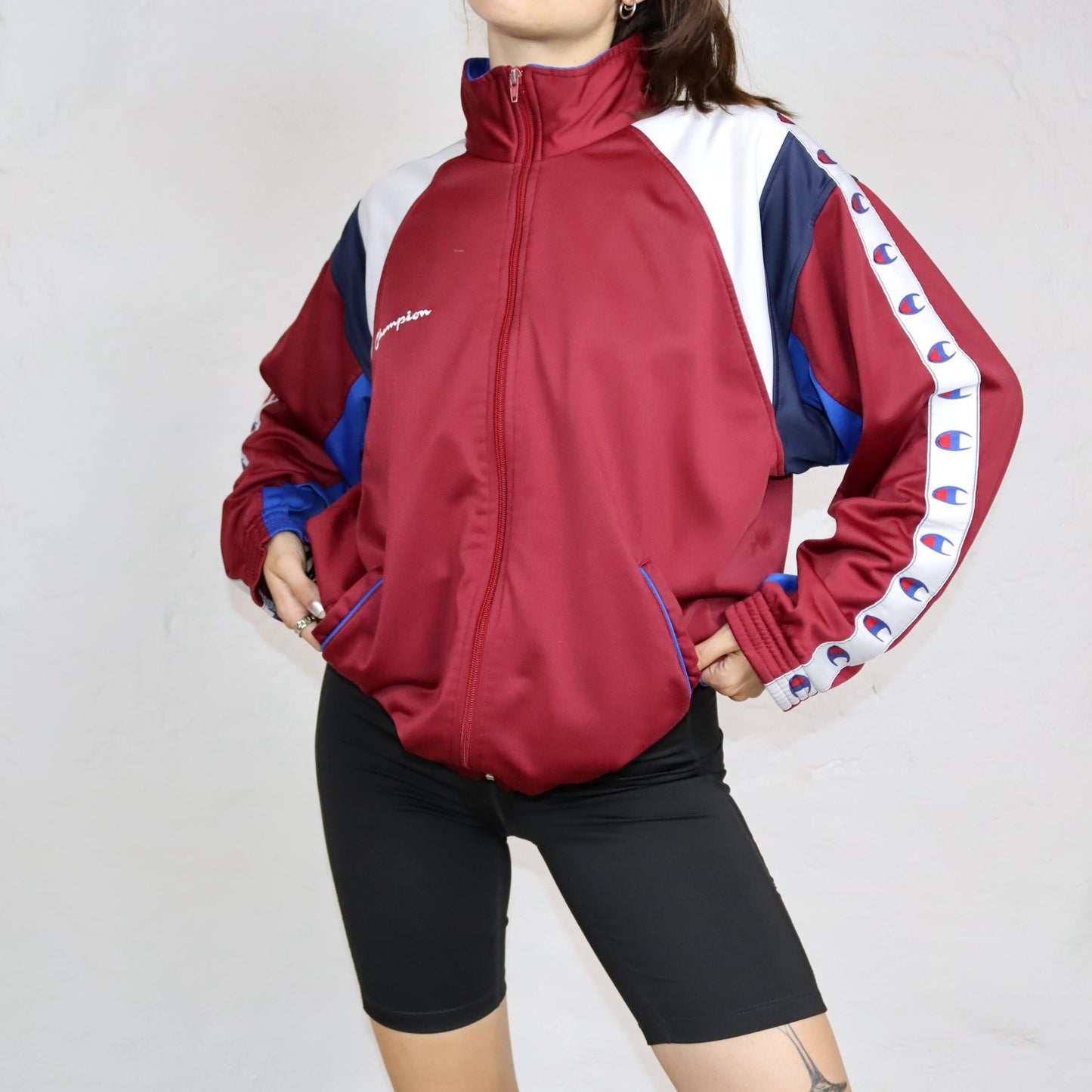 Vintage 80s 90s CHAMPION tracksuit jacket stand-up collar dark red blue white M