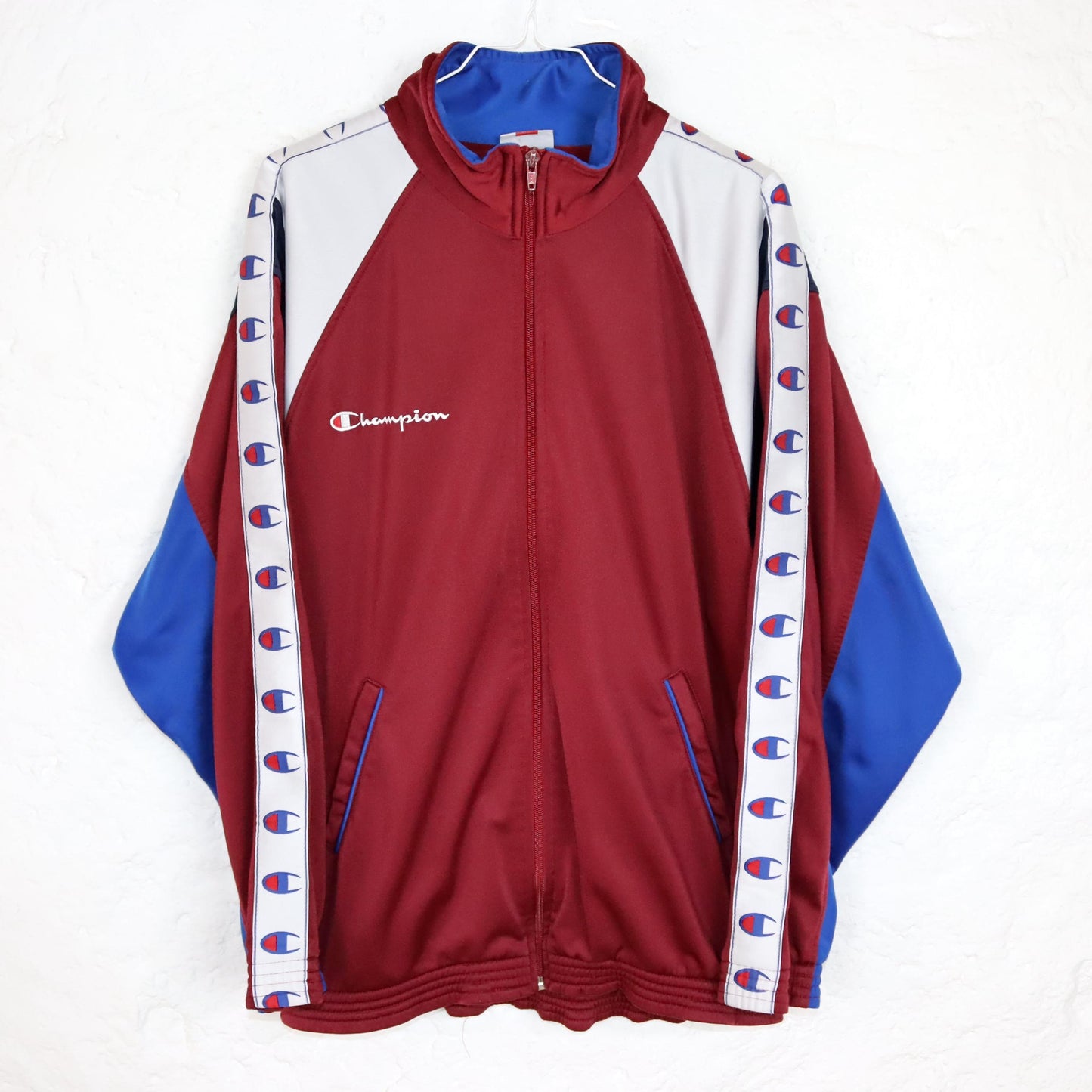 Vintage 80s 90s CHAMPION tracksuit jacket stand-up collar dark red blue white M