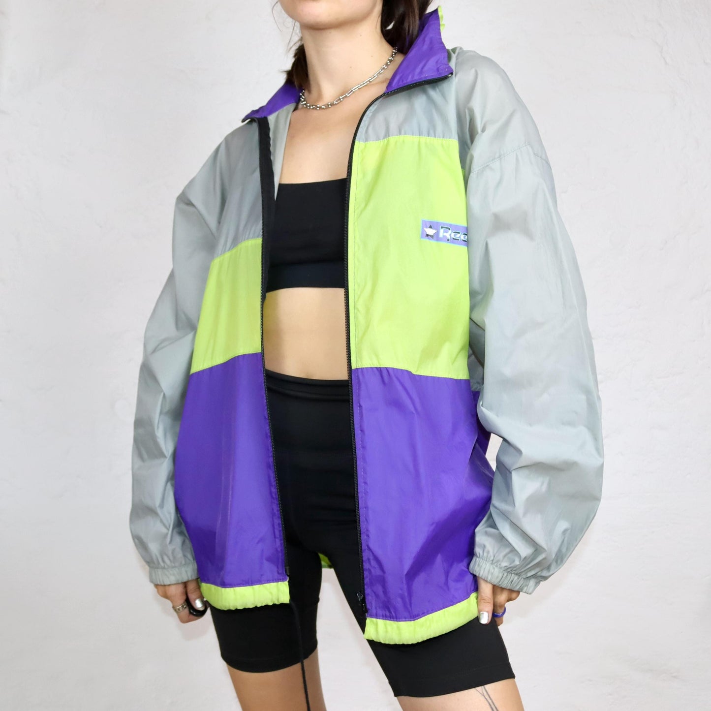 Vintage 80s 90s REEBOK rain jacket purple green grey with hood M