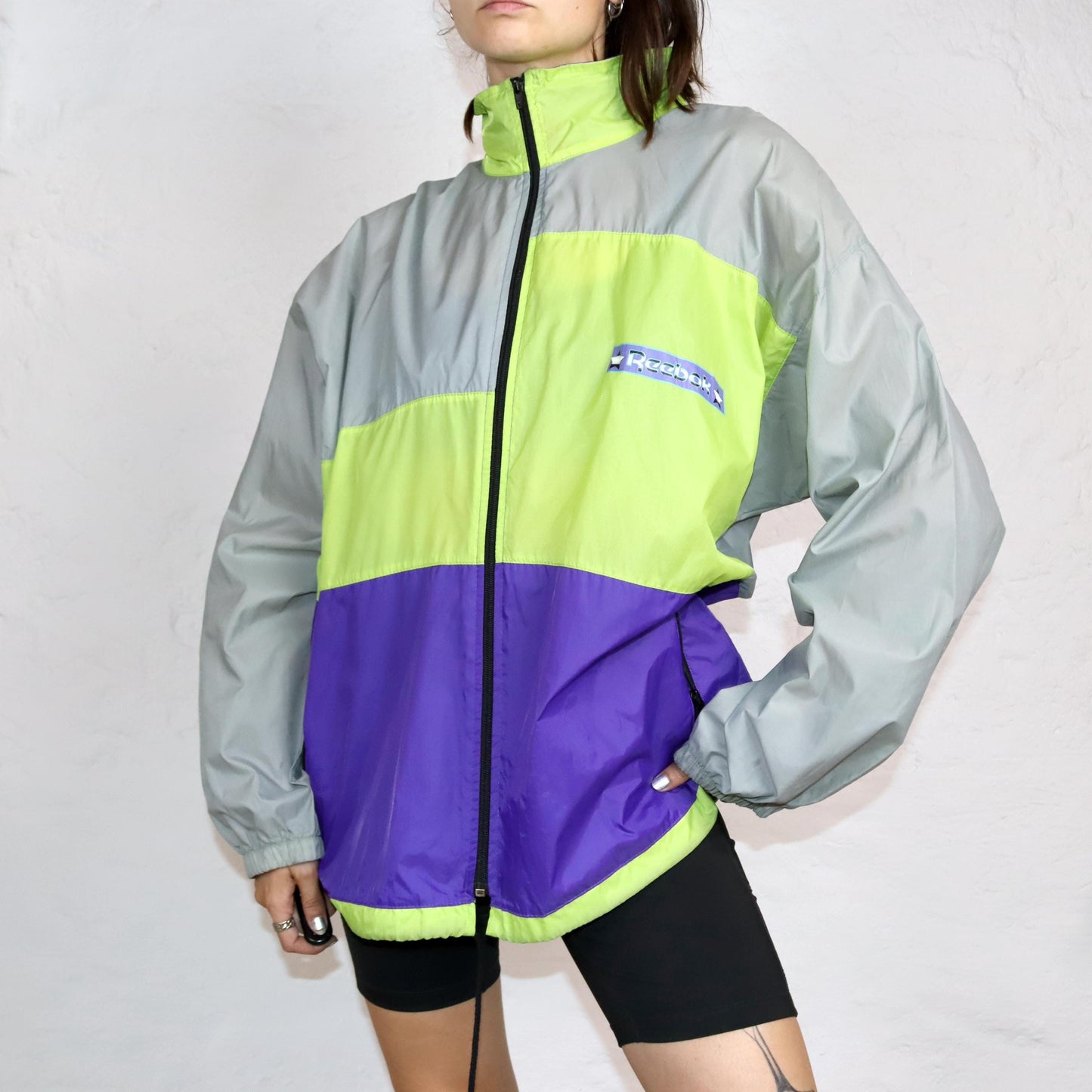 Vintage 80s 90s REEBOK rain jacket purple green grey with hood M