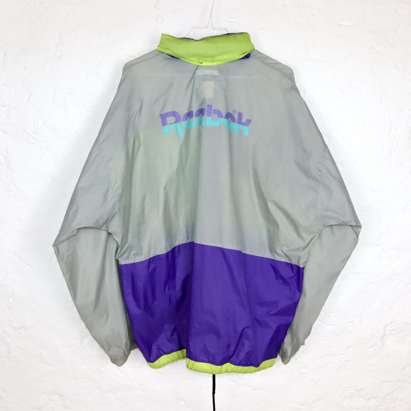 Vintage 80s 90s REEBOK rain jacket purple green grey with hood M