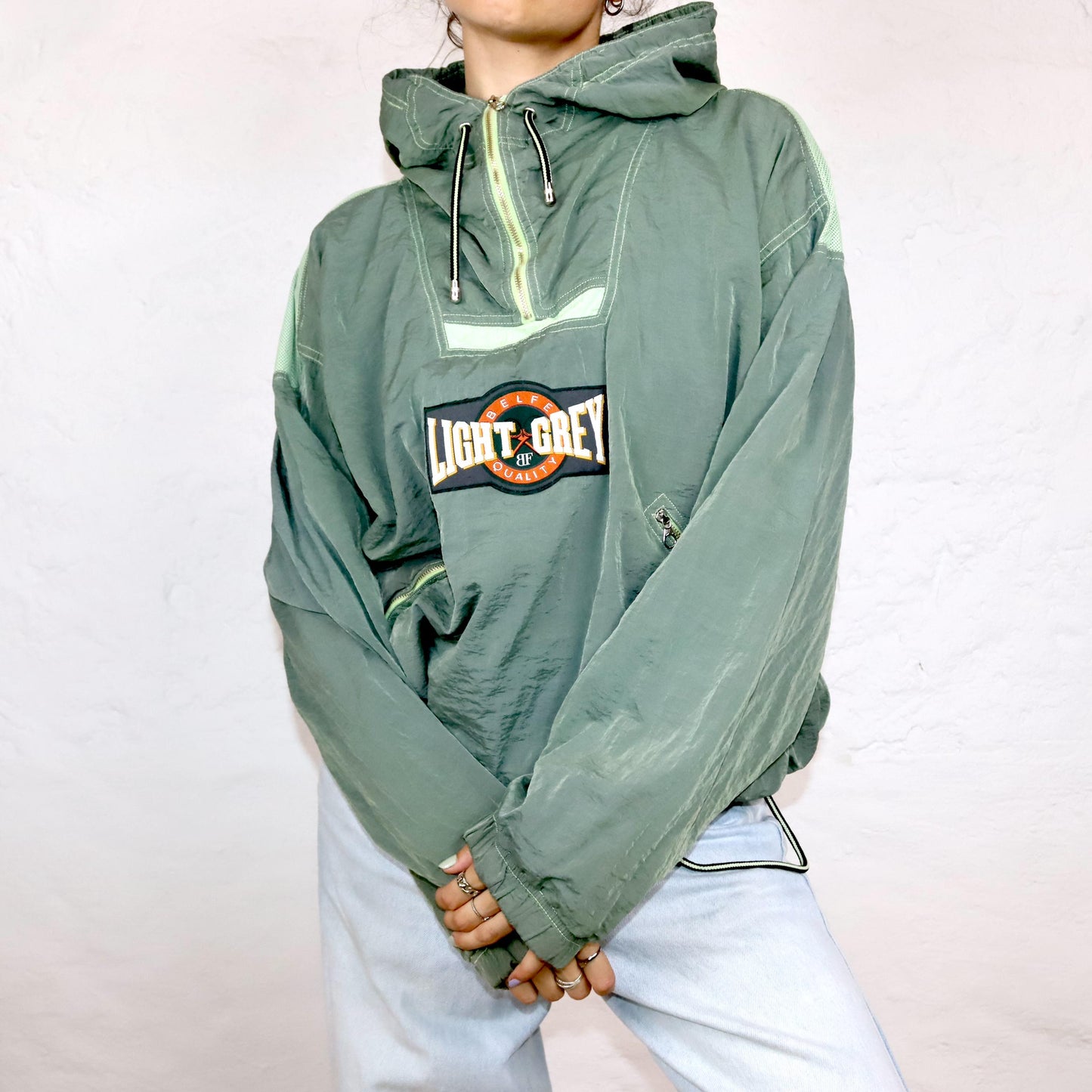 Vintage 80s 90s BELFE windbreaker jacket overcoat shiny khaki L 52