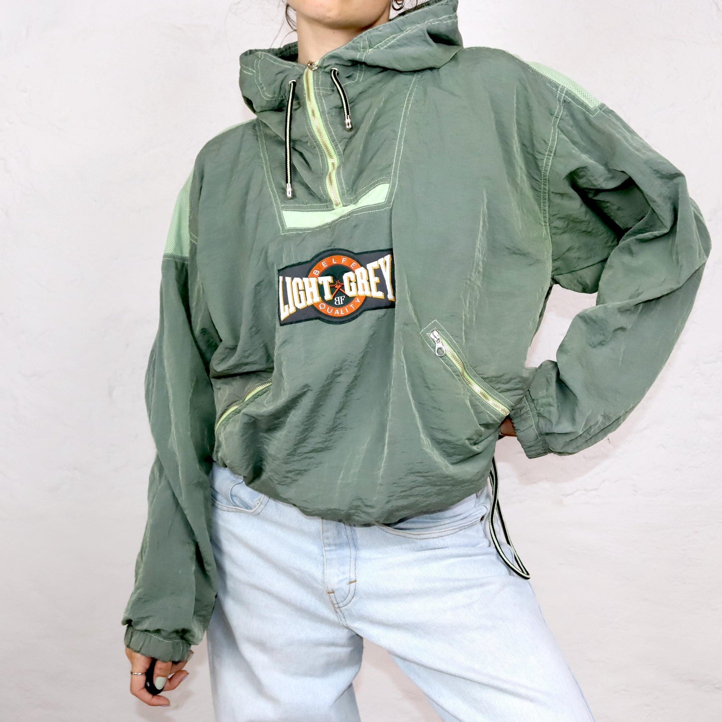 Vintage 80s 90s BELFE windbreaker jacket overcoat shiny khaki L 52