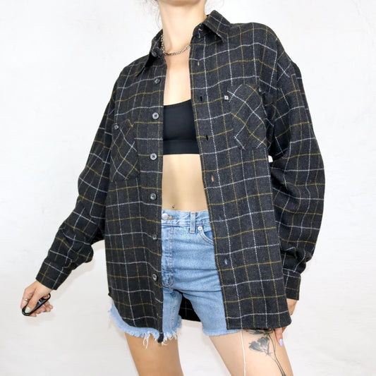 Vintage 80er 90er FILA Flanellhemd langarm Wolle kariert dunkelgrau L