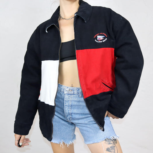 Vintage 80er 90er TOMMY HILFIGER Sailing Gear Rare Jacke gefüttert Kragen weiß rot schwarz S