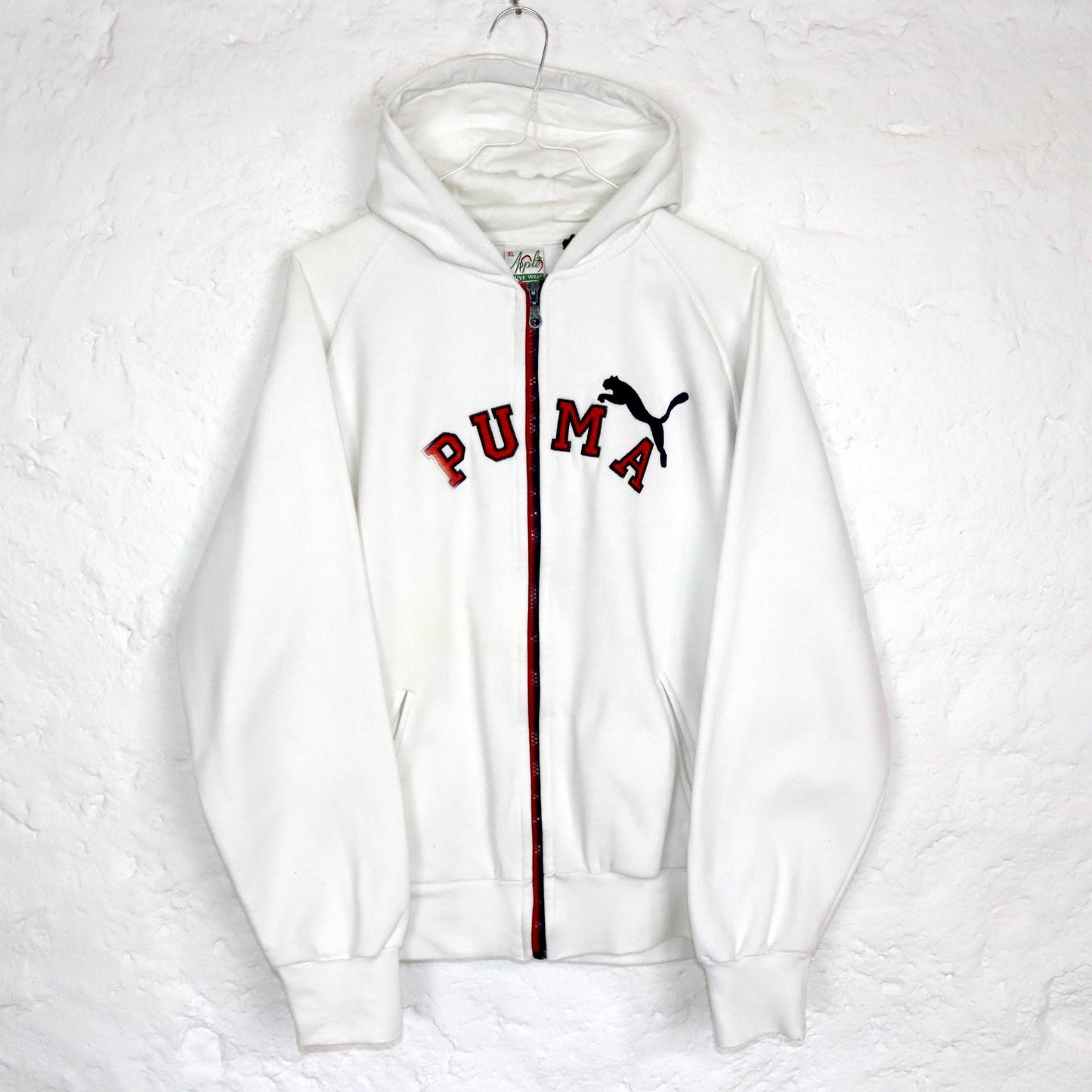 Vintage 80er 90er APPLE ACTIVE Puma“ Hoodie Jacke weiß rot M/L