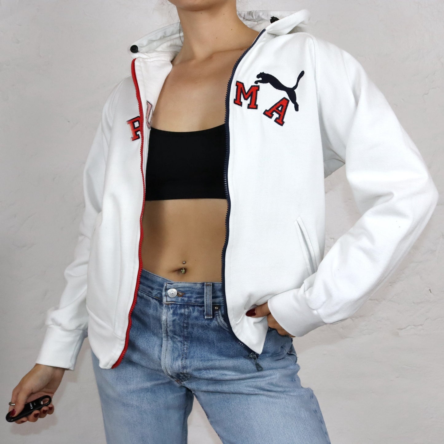 Vintage 80er 90er APPLE ACTIVE Puma“ Hoodie Jacke weiß rot M/L