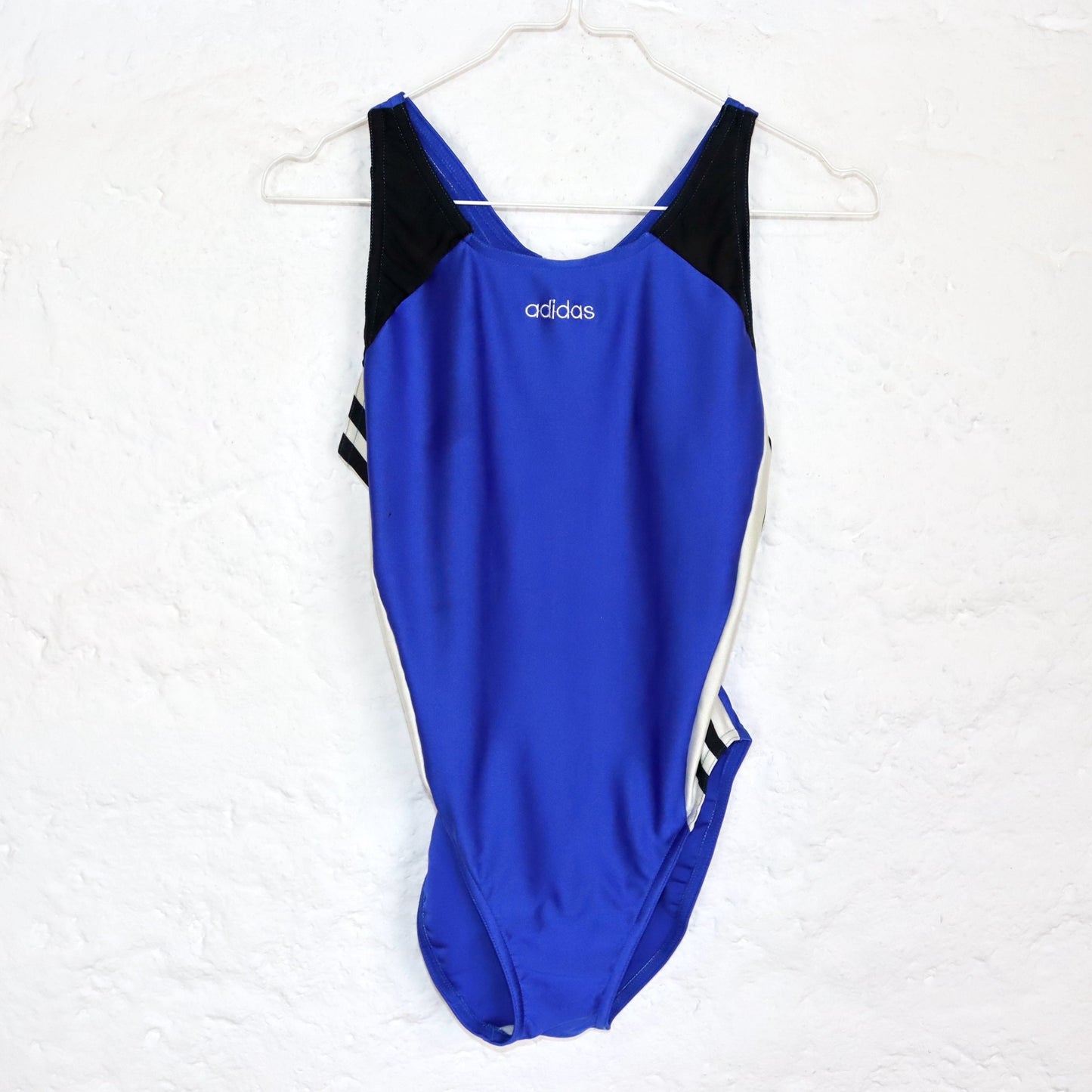 Vintage 80s 90s ADIDAS swimsuit body back cutout black blue white 38
