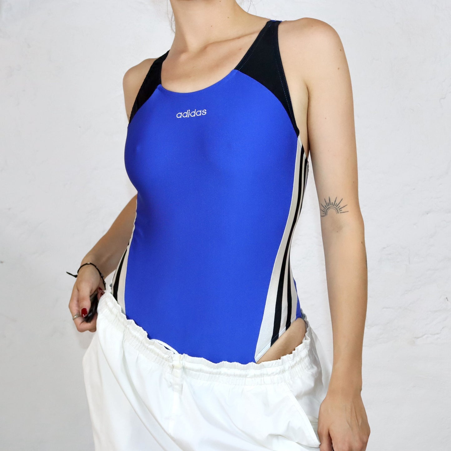 Vintage 80s 90s ADIDAS swimsuit body back cutout black blue white 38