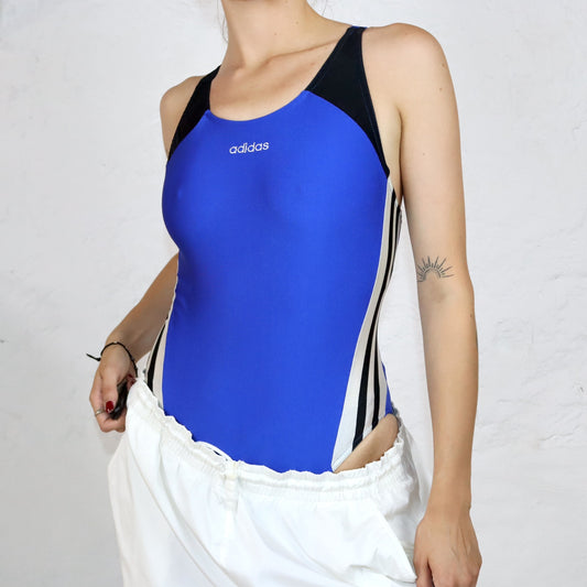 Vintage 80er 90er ADIDAS Badeanzug Body Rückenausschnitt schwarz blau weiß 38