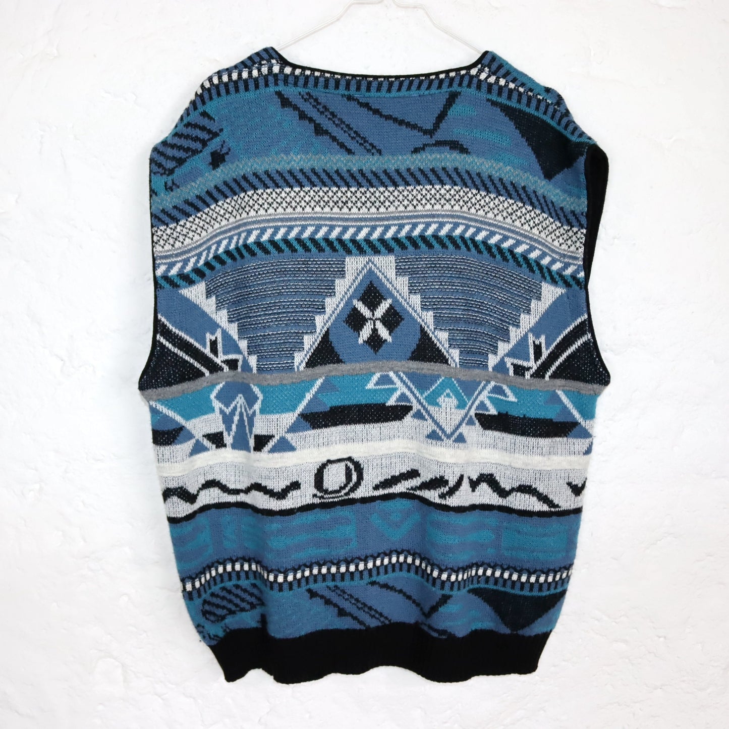 Vintage 80er 90er PROSPETIVA Weste Pullunder Cardigan Wolle gemustert crazy pattern 54 XL