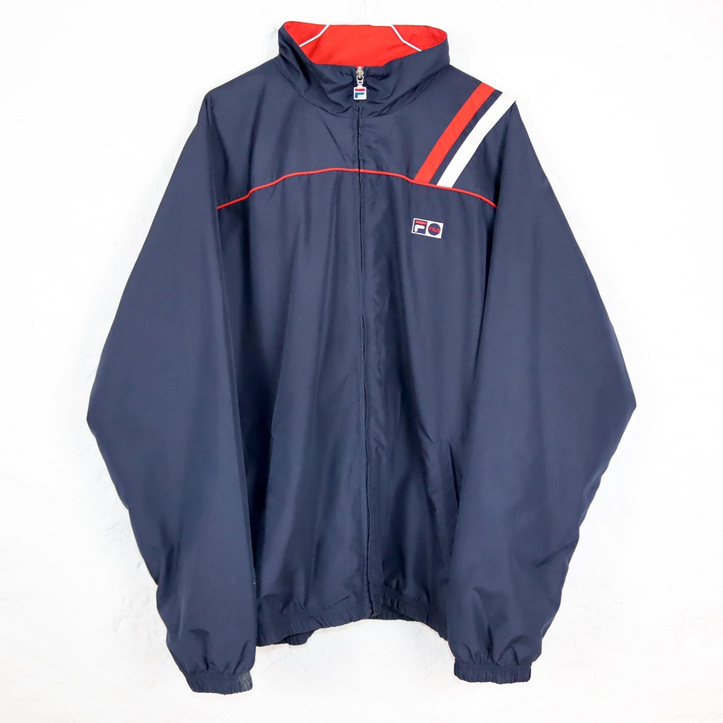 Vintage 80s 90s Y2k FILA tracksuit jacket dark blue red stand-up collar XL