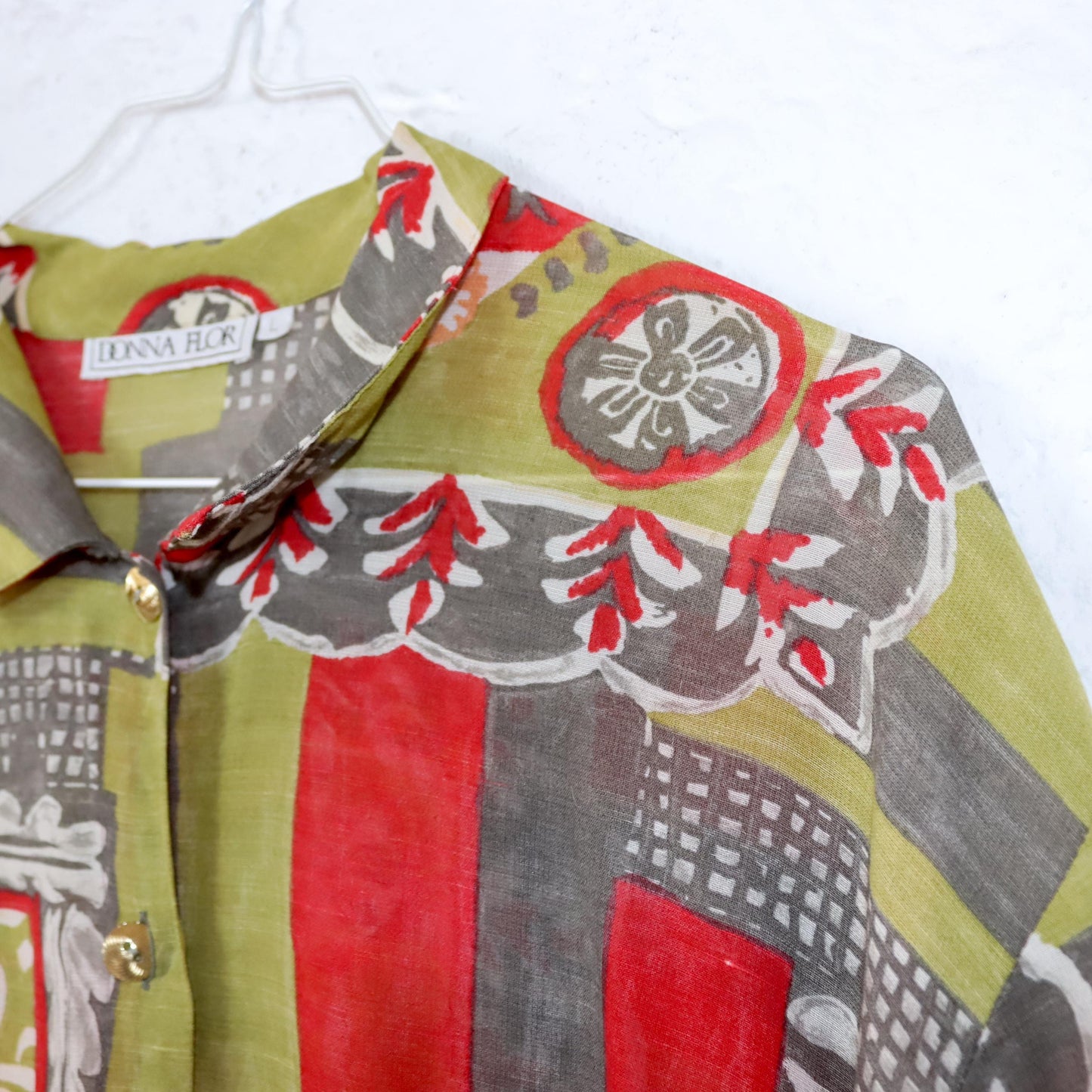 Vintage 80s 90s DONNA FLOR blouse slightly transparent crazy pattern L
