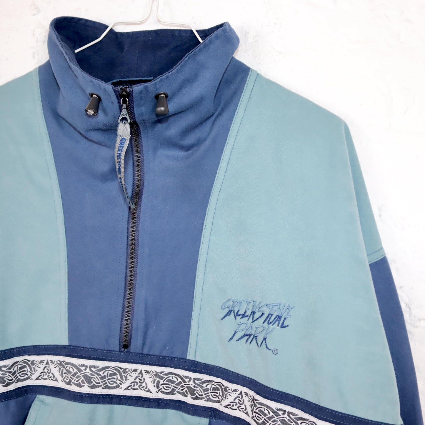 Vintage 80s 90s GREEKSTROKE PARK jacket overcoat stand-up collar blue velvet S