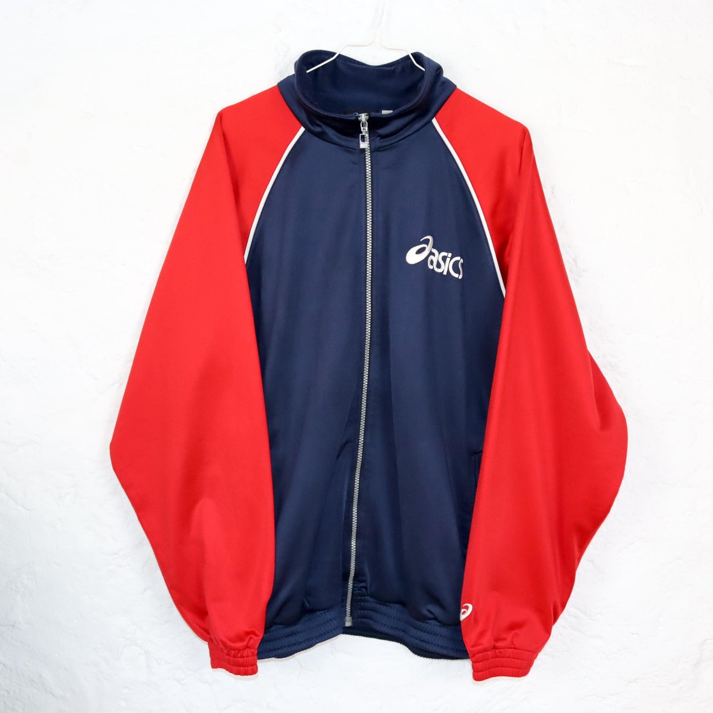 Vintage 80s 90s ASICS tracksuit jacket stand-up collar dark blue red L