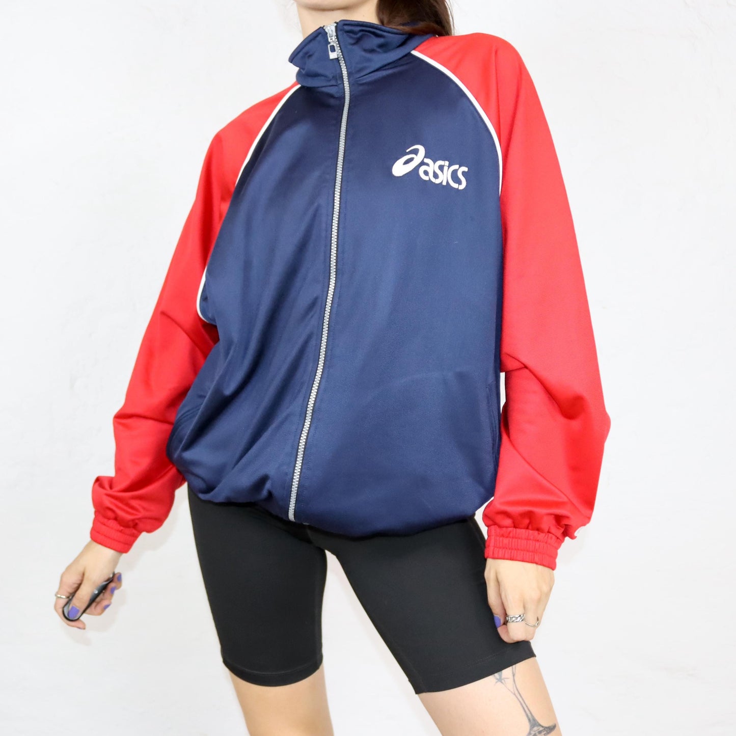 Vintage 80s 90s ASICS tracksuit jacket stand-up collar dark blue red L