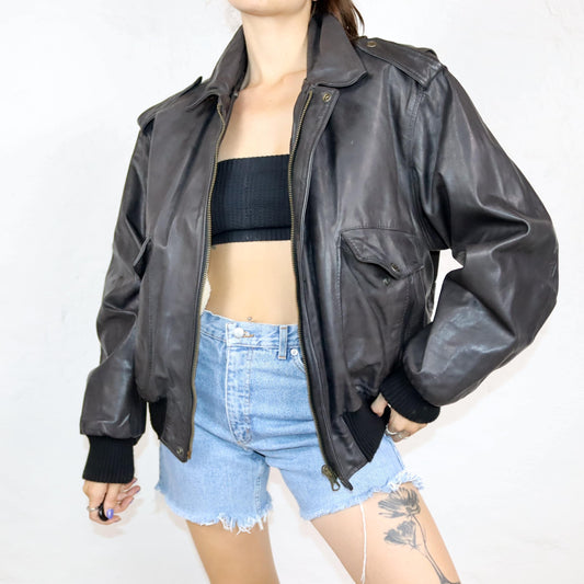 Vintage 80er 90er SCOTT TIME Liberty Pilotenjacke Lederjacke gefüttert Fellkragen dunkelbraun M/L