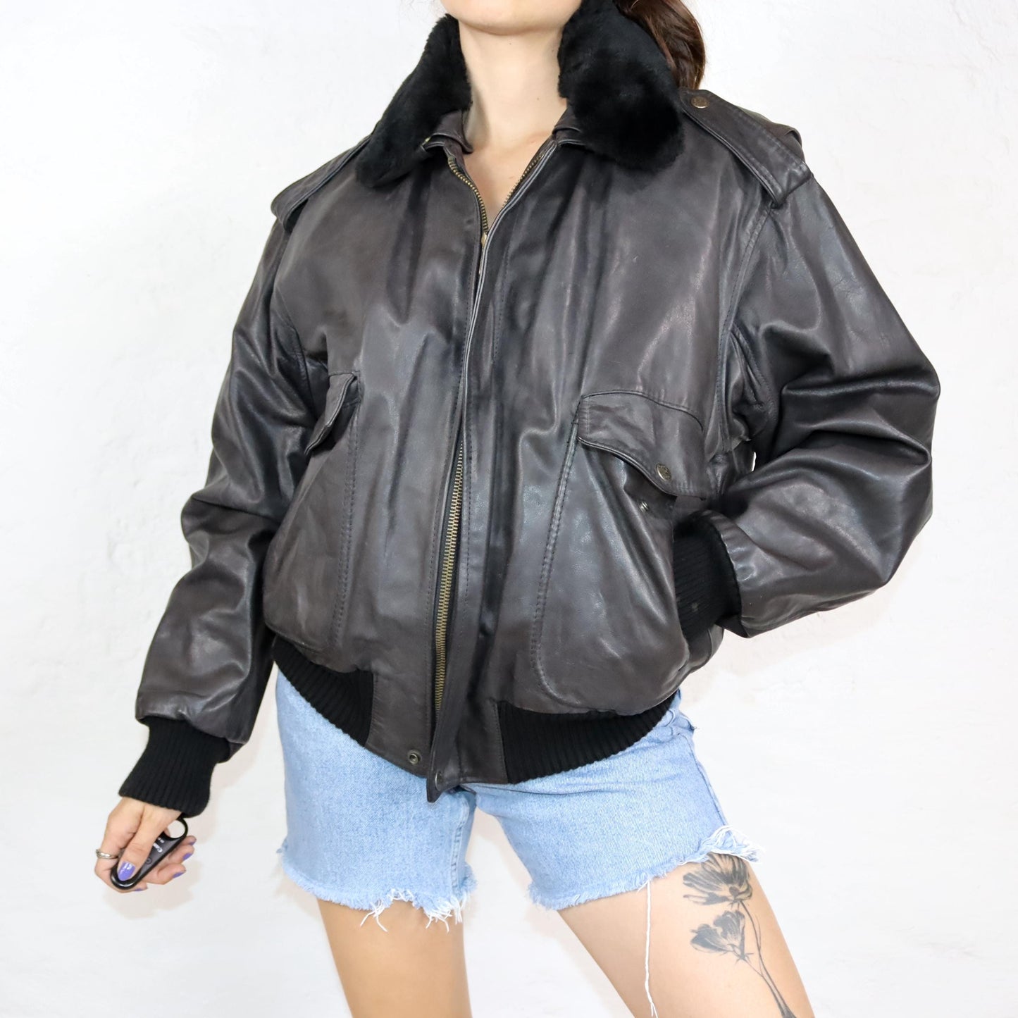 Vintage 80s 90s SCOTT TIME Liberty pilot jacket leather jacket lined fur collar dark brown M/L