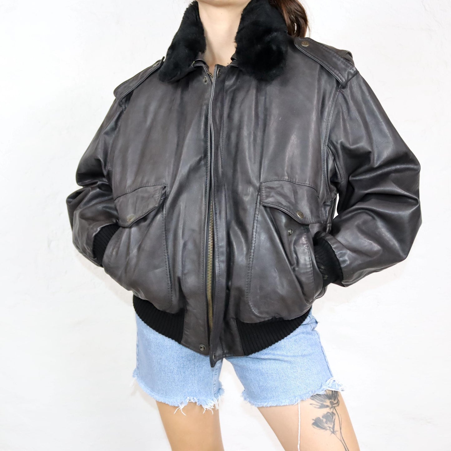 Vintage 80s 90s SCOTT TIME Liberty pilot jacket leather jacket lined fur collar dark brown M/L