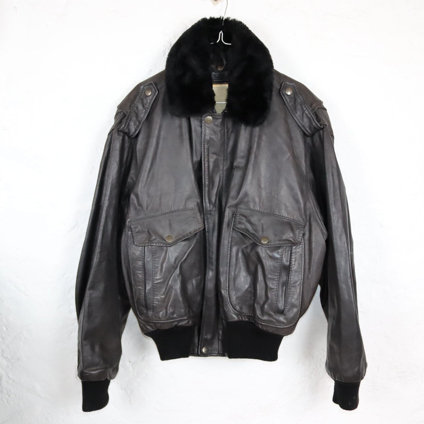 Vintage 80s 90s SCOTT TIME Liberty pilot jacket leather jacket lined fur collar dark brown M/L