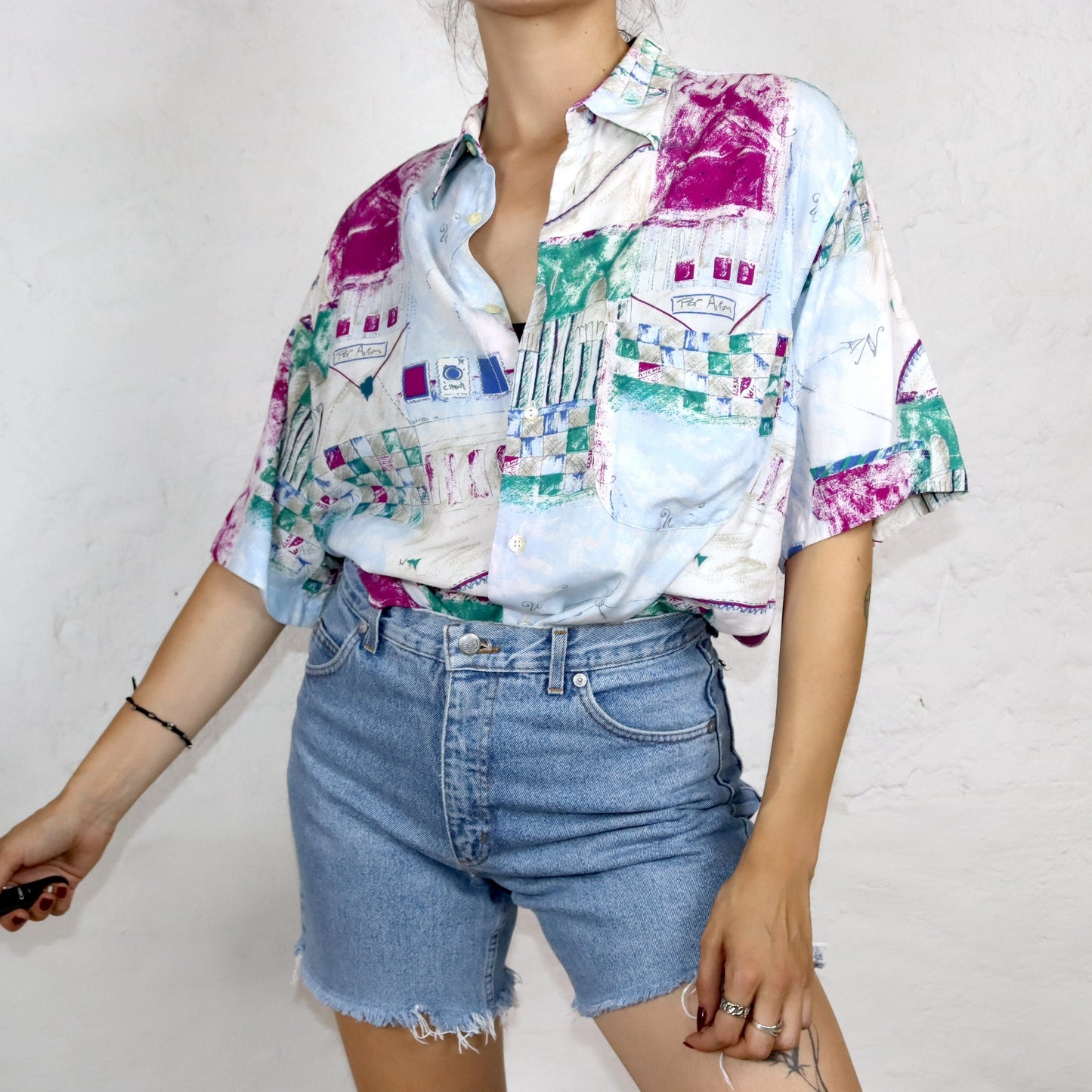 Vintage 80s 90s EMM shirt short sleeve crazy pattern colorful M