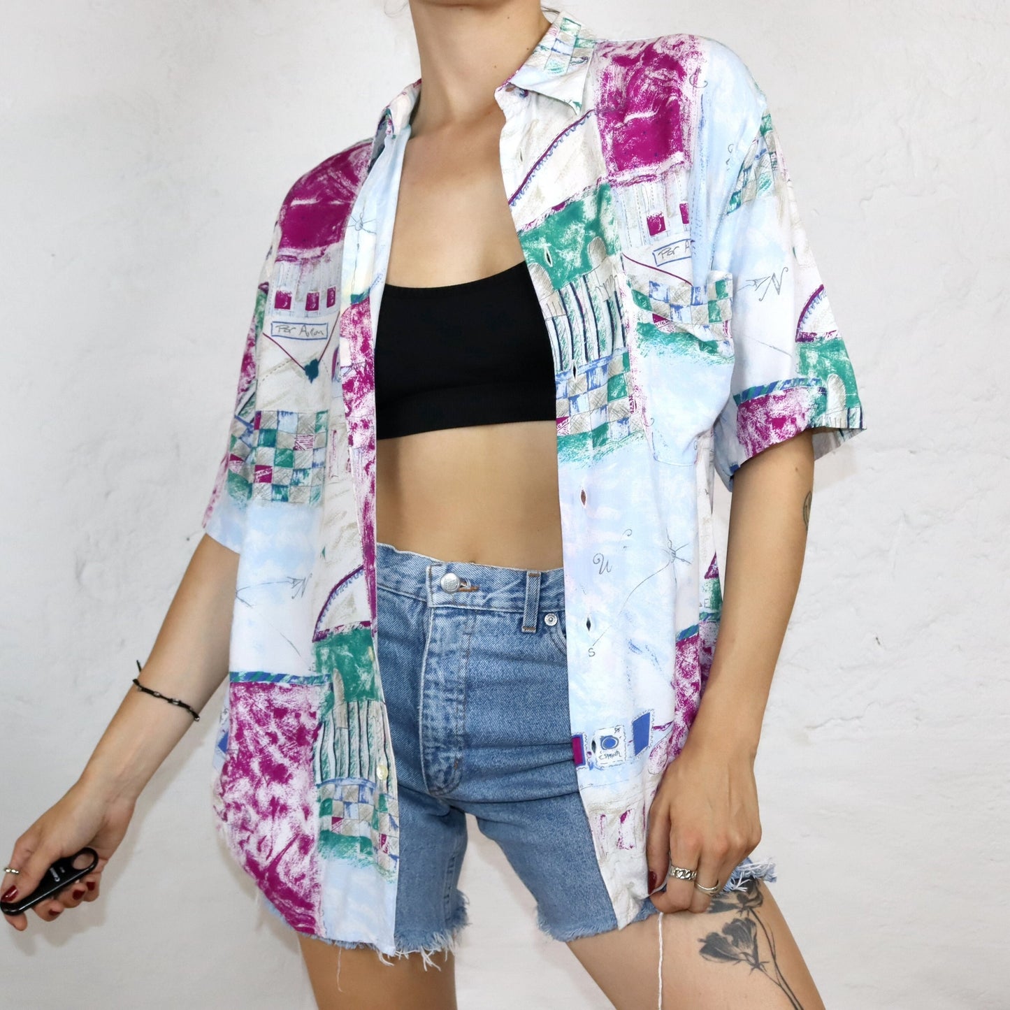 Vintage 80s 90s EMM shirt short sleeve crazy pattern colorful M