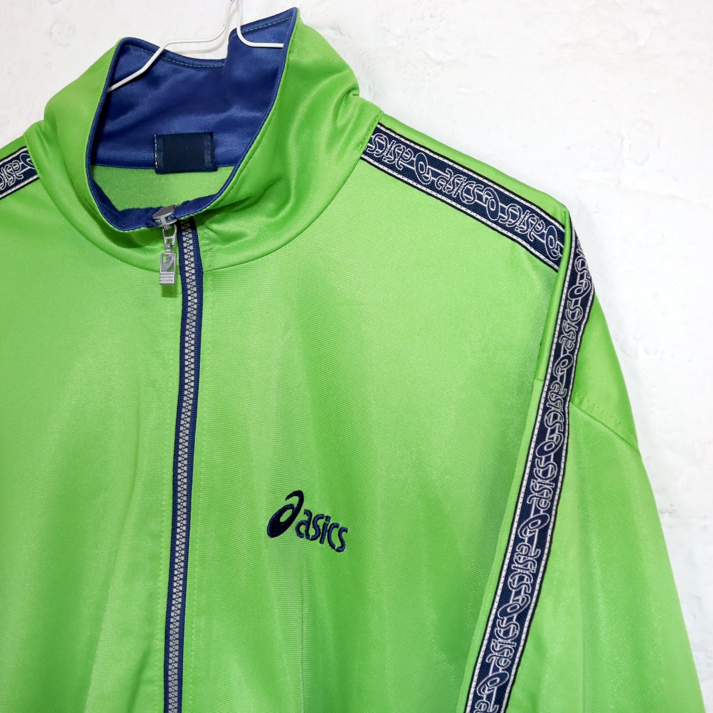 Vintage 80s 90s ASICS tracksuit jacket stand-up collar green dark blue XL