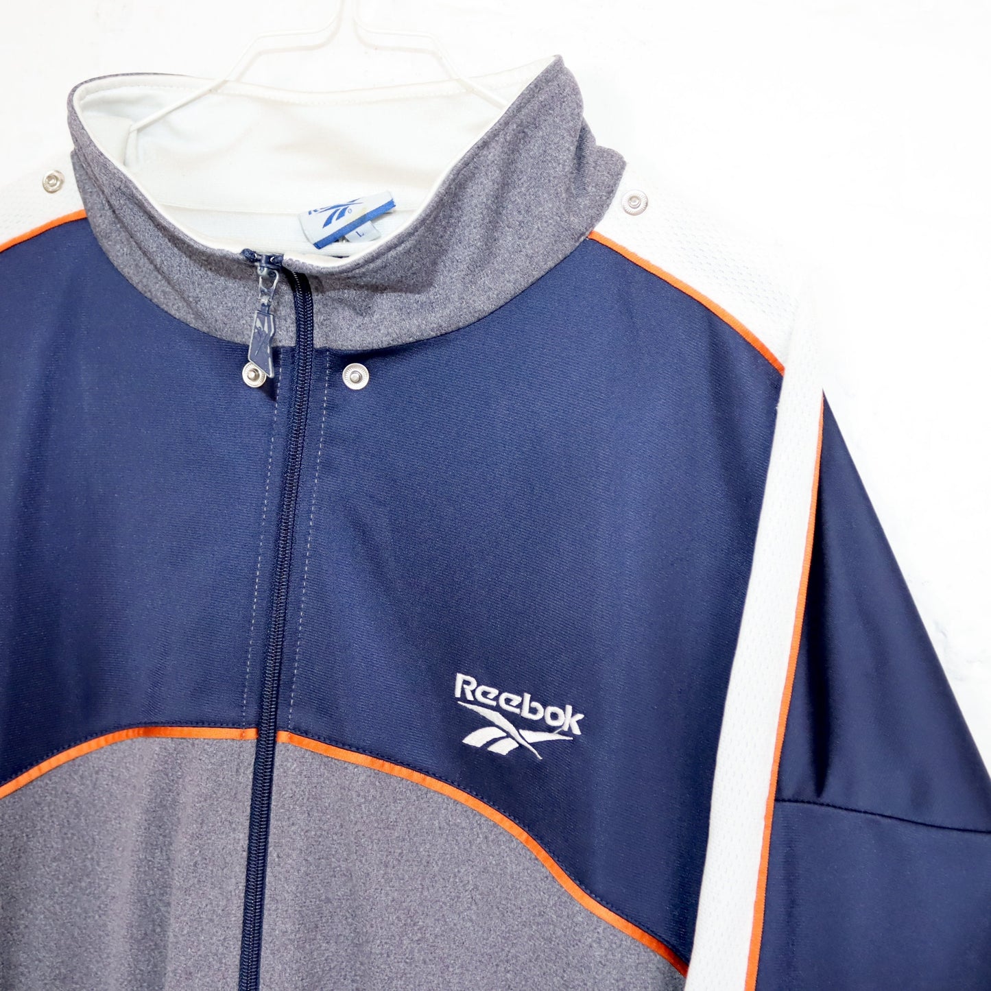 Vintage 80s 90s REEBOK tracksuit jacket stand-up collar grey orange dark blue L