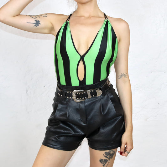 Vintage 80s 90s swimsuit bodysuit back neckline halter neck black green neon green M