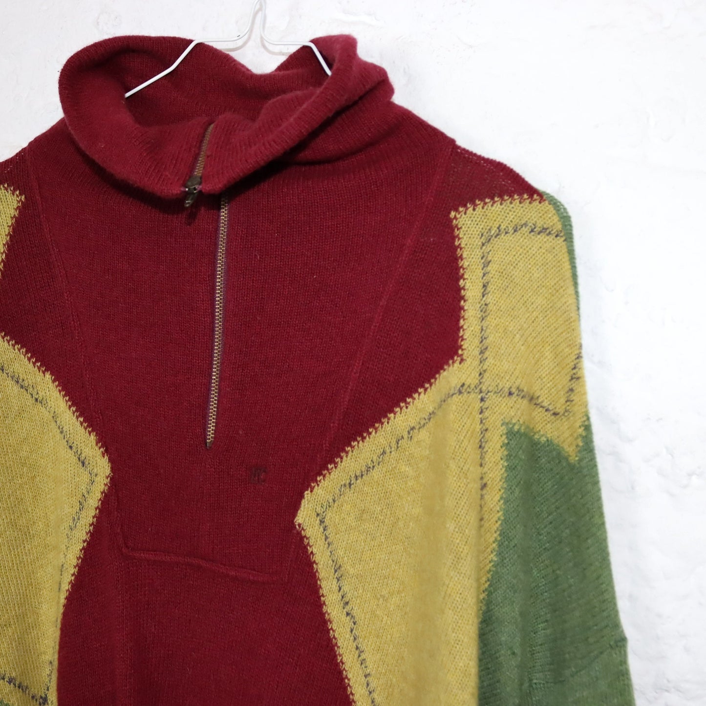 Vintage 80er 90er ENRICO COVERI Wollpullover Wolle Pullover Rollkragen Stehkragen kariert grün rot gelb XL