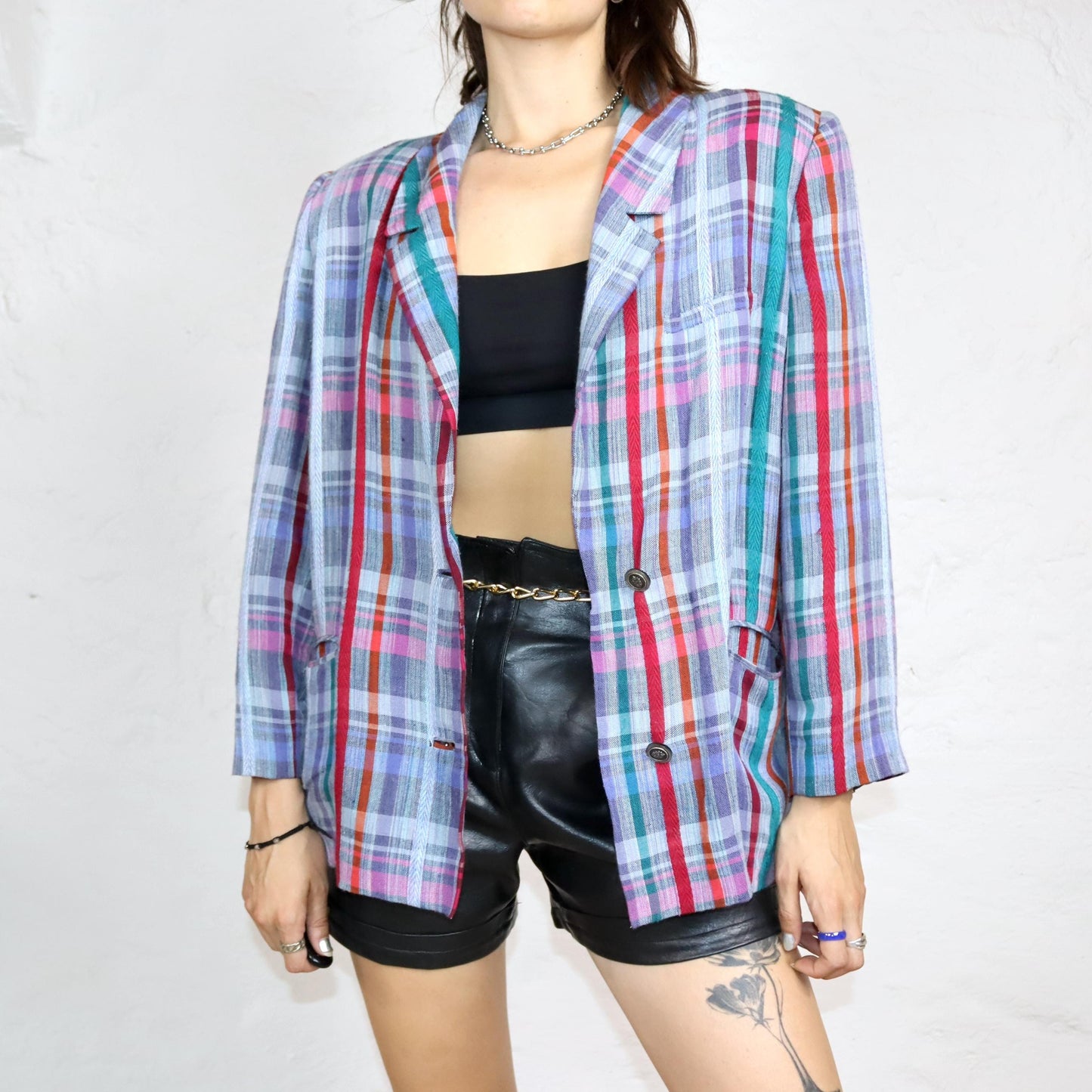 Vintage 80s 90s blazer linen checked colorful shoulder pads M
