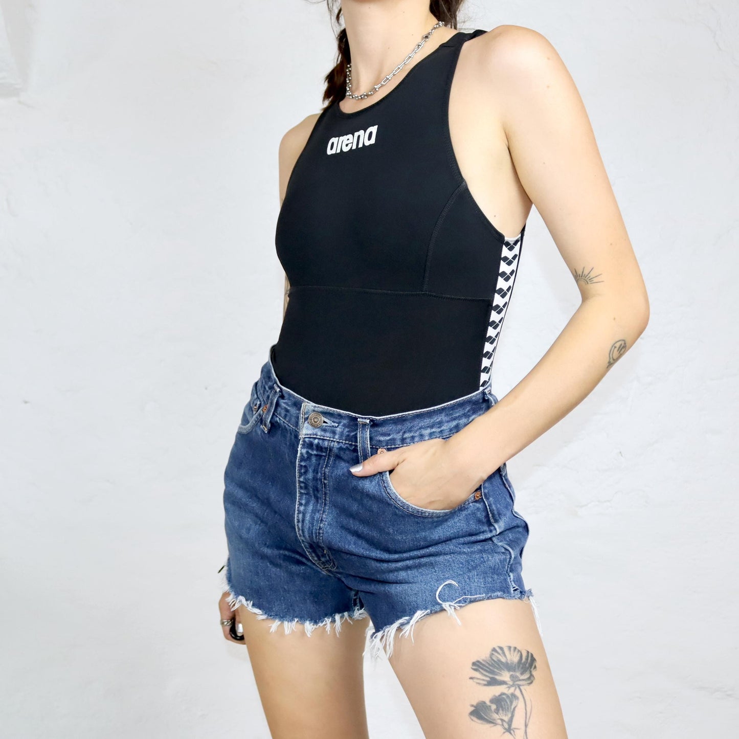 Vintage 80s 90s ARENA swimsuit bodysuit black white 36