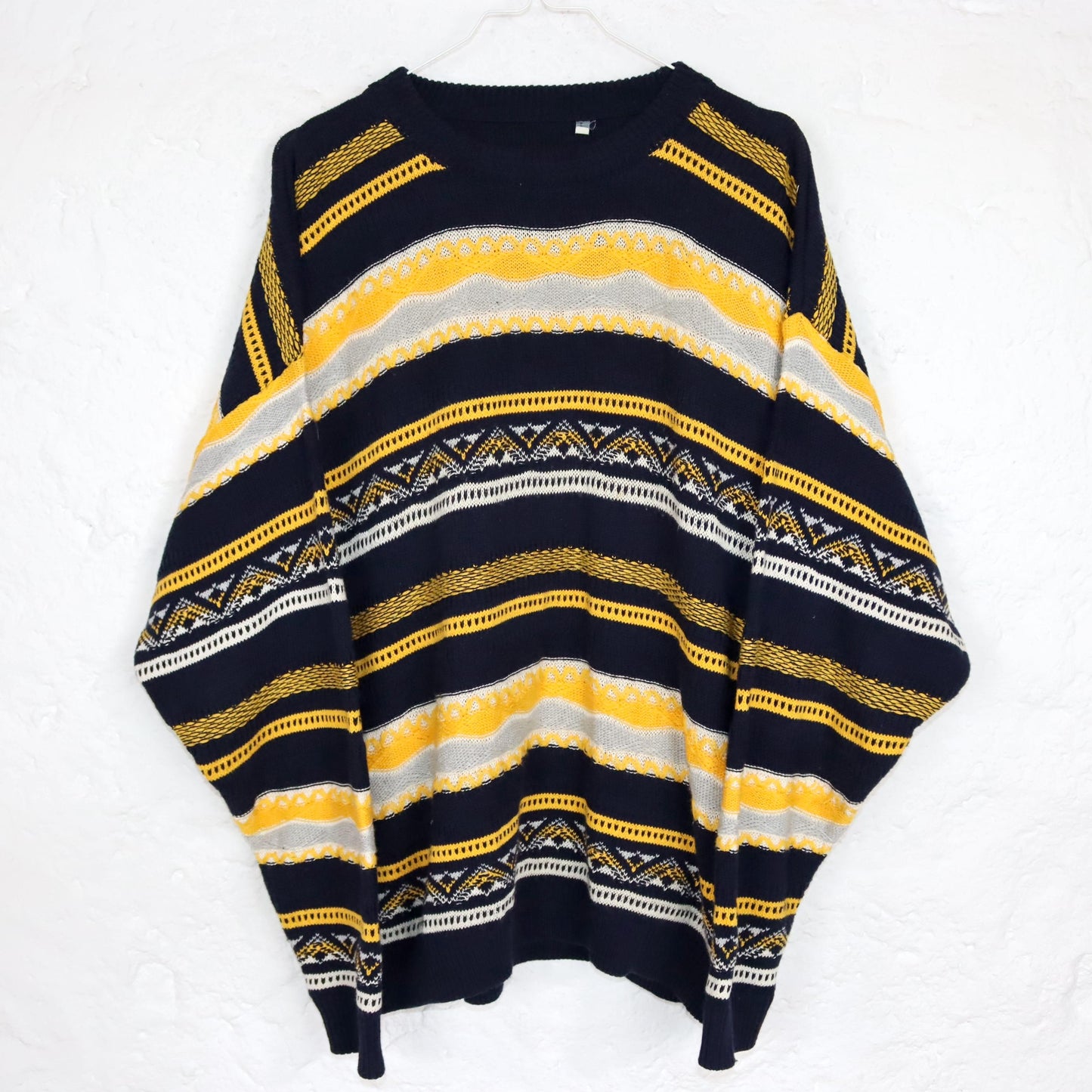 Vintage 80er 90er Coogi Style Pullover Strickpullover gemustert dunkelblau gelb L