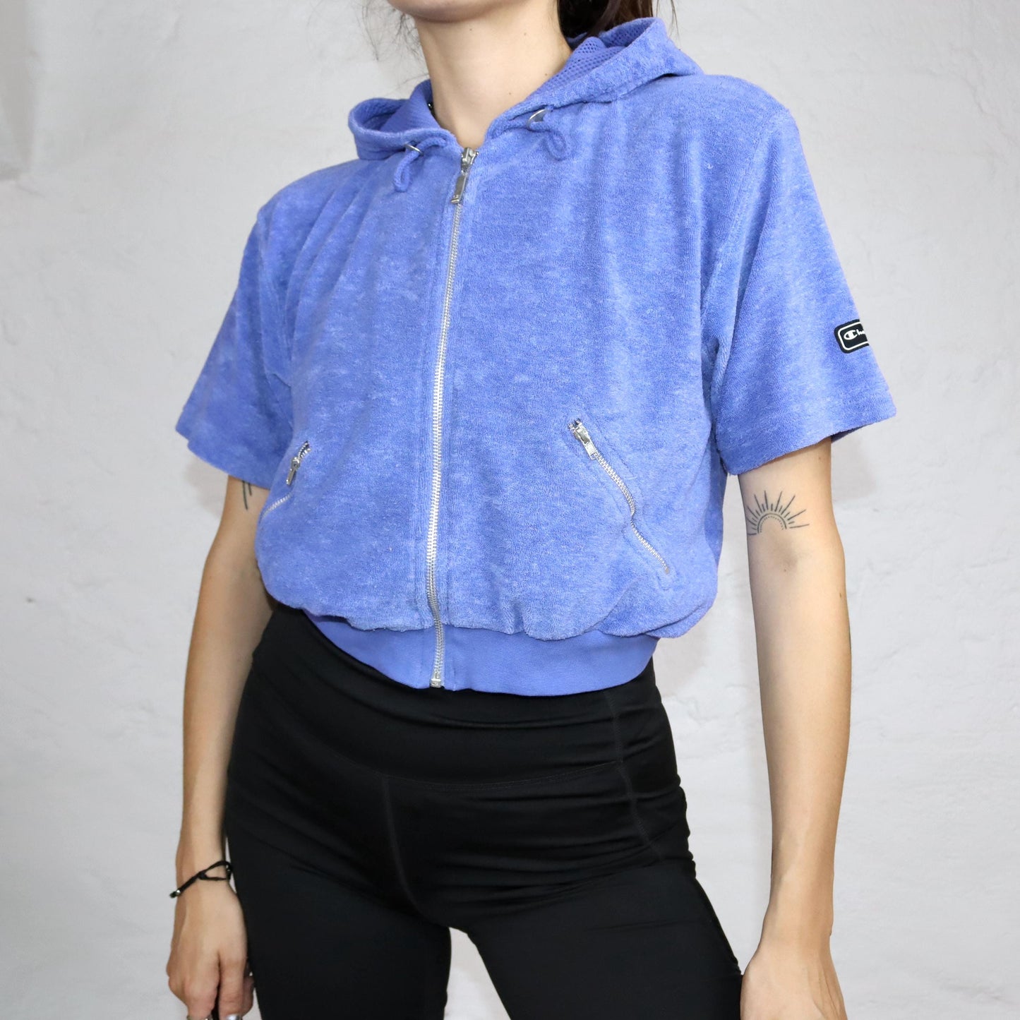 Vintage 80s 90s CHAMPION crop jacket short sleeve with hood terry cloth blue L