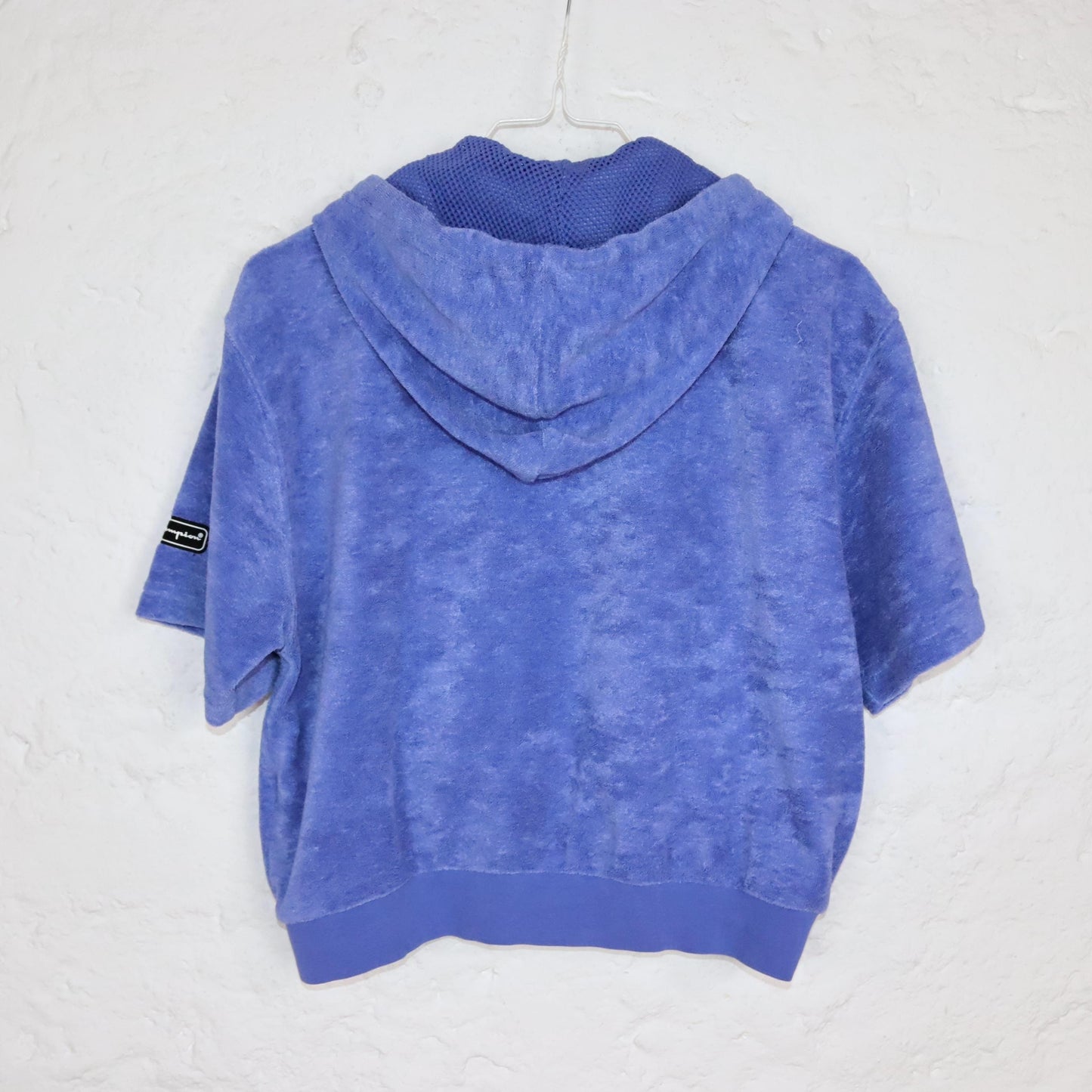 Vintage 80s 90s CHAMPION crop jacket short sleeve with hood terry cloth blue L