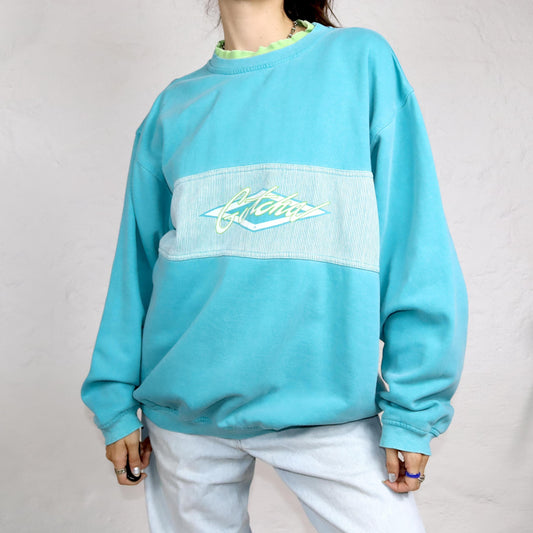 Vintage 80er 90er GOICHA Sweatshirt Pullover türkis blau gestreift Print L