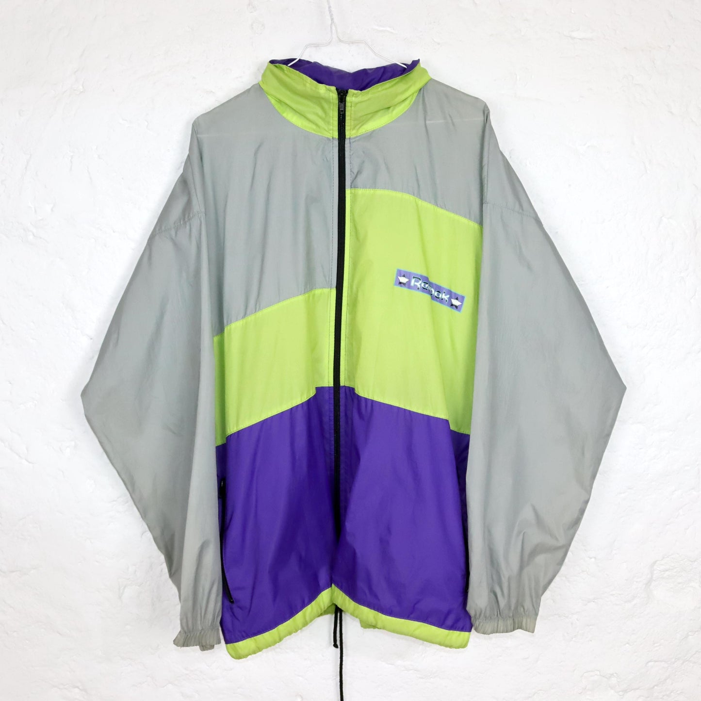 Vintage 80s 90s REEBOK rain jacket purple green grey with hood M