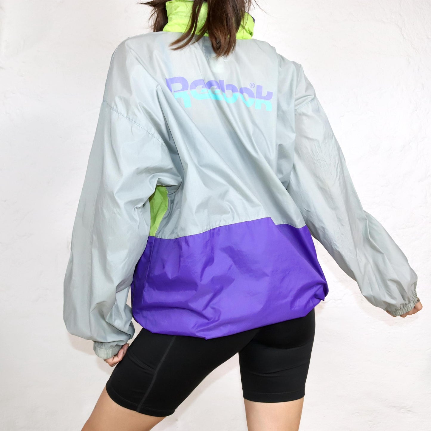 Vintage 80s 90s REEBOK rain jacket purple green grey with hood M