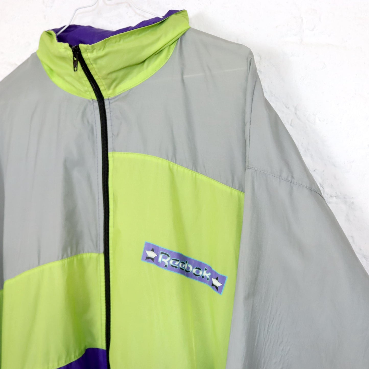 Vintage 80s 90s REEBOK rain jacket purple green grey with hood M