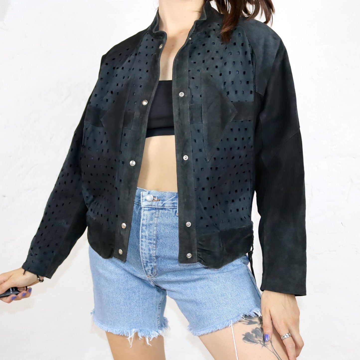 Vintage 80s 90s SAMA leather jacket suede hole pattern tailored bomber cut M