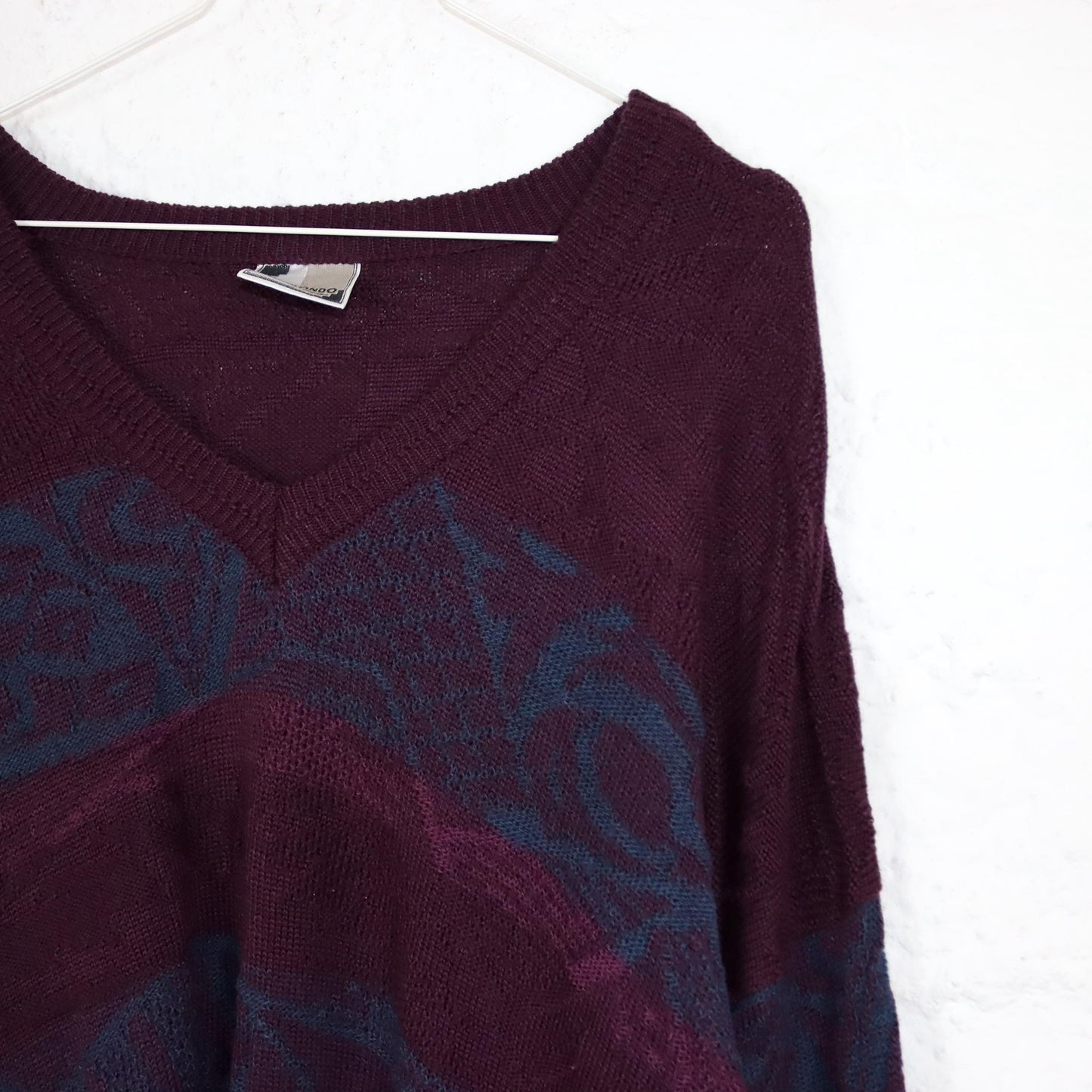 Vintage 80er 90er GIRAMONDO Strickpullover Wollpullover V-Ausschnitt lila gemustert Wolle 54 XL