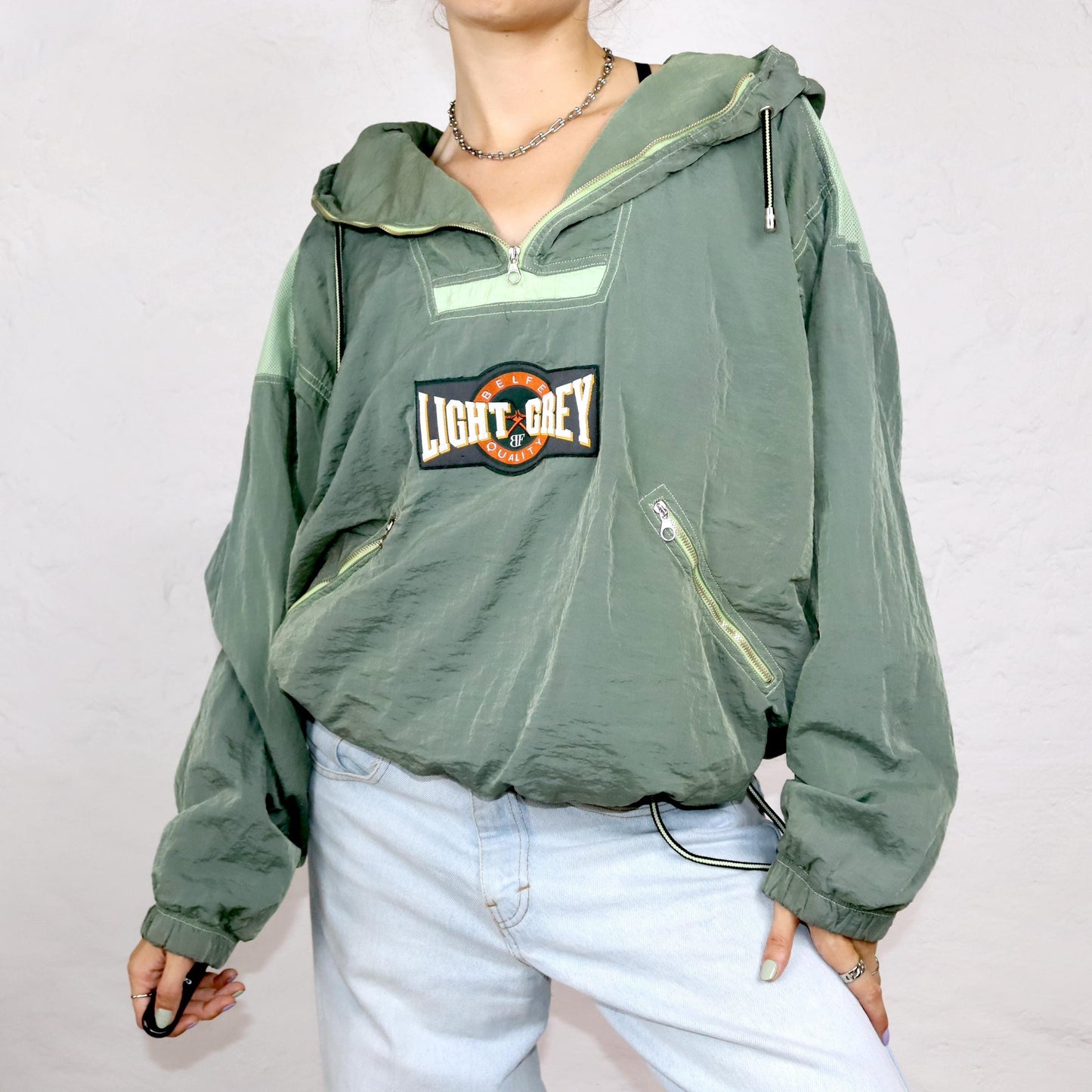 Vintage 80s 90s BELFE windbreaker jacket overcoat shiny khaki L 52