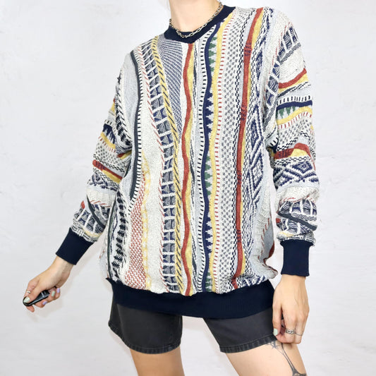 Vintage 80er 90er Coogi Style Pullover Strickpullover V-Ausschnitt bunt L