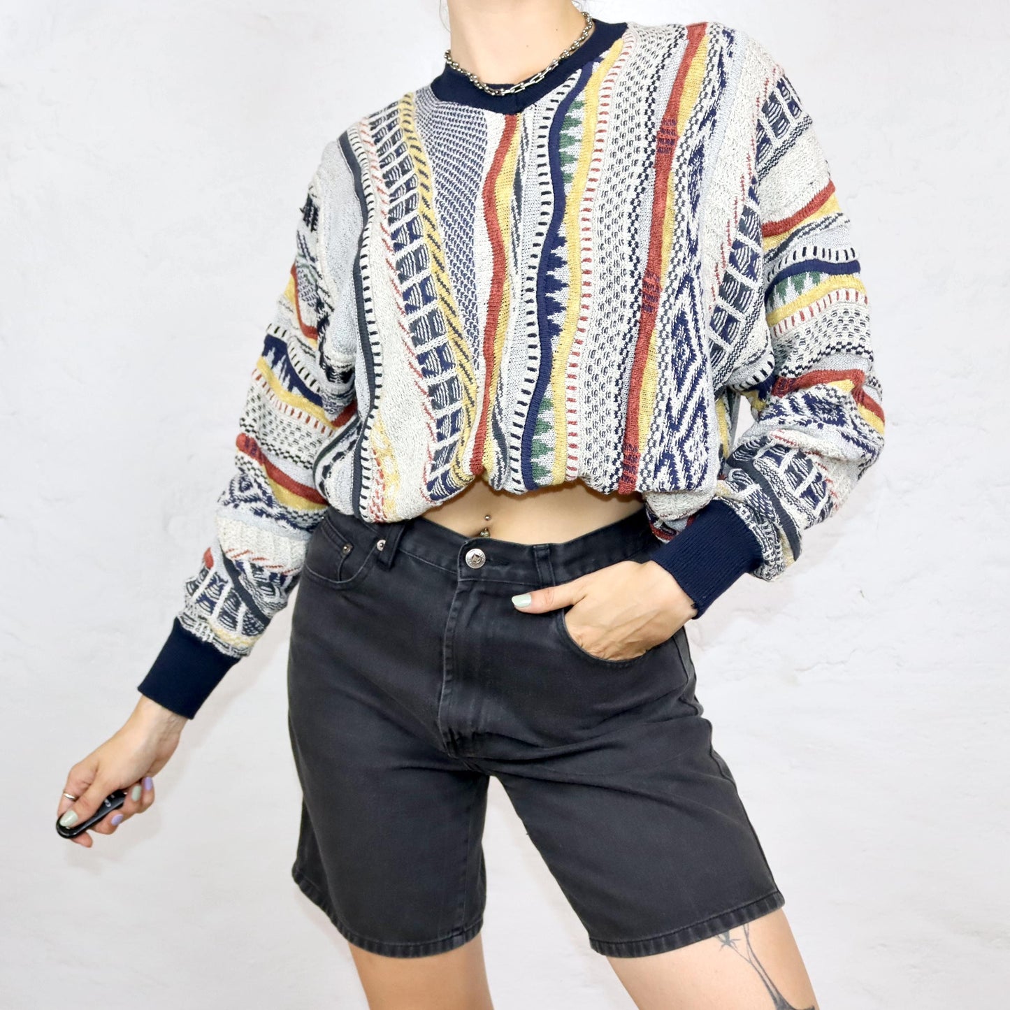 Vintage 80er 90er Coogi Style Pullover Strickpullover V-Ausschnitt bunt L