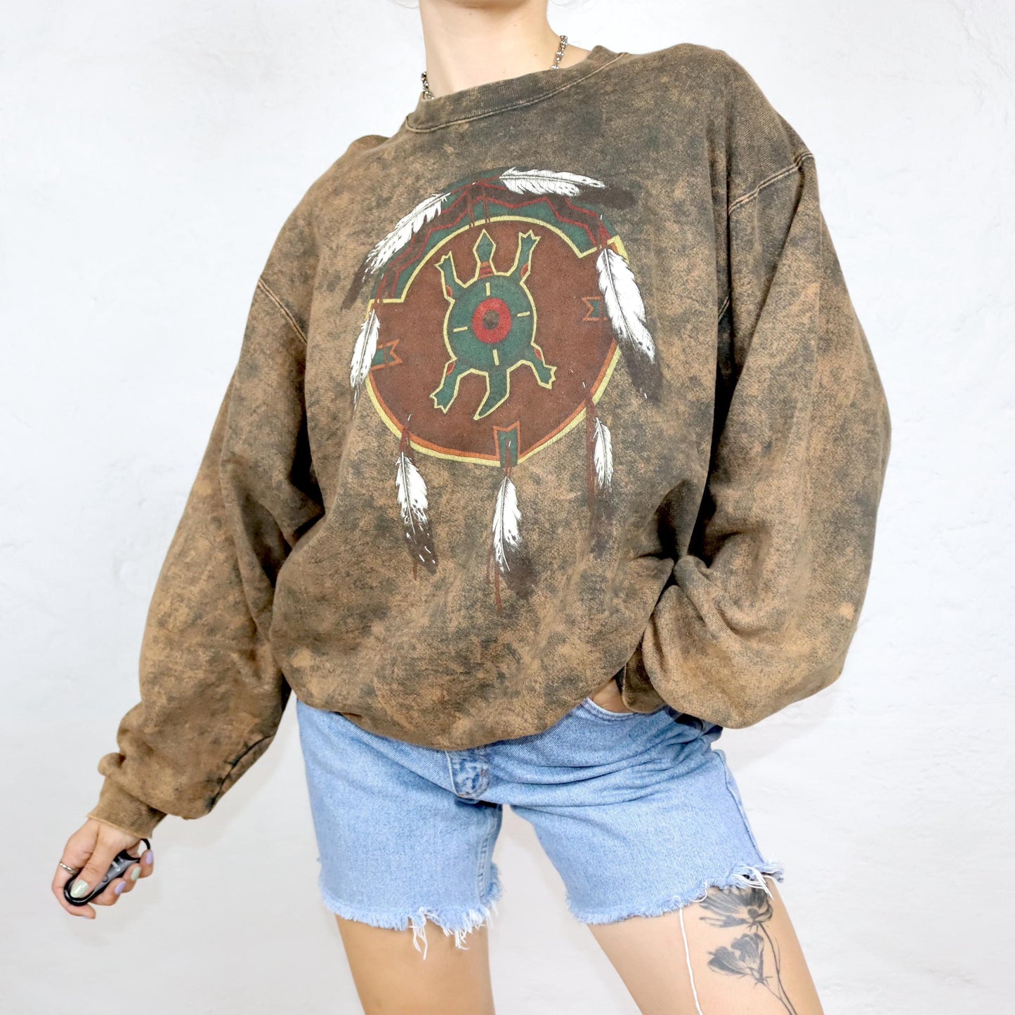 Vintage 80er 90er ONEITA Sweatshirt Pullover Batik Print braun M/L