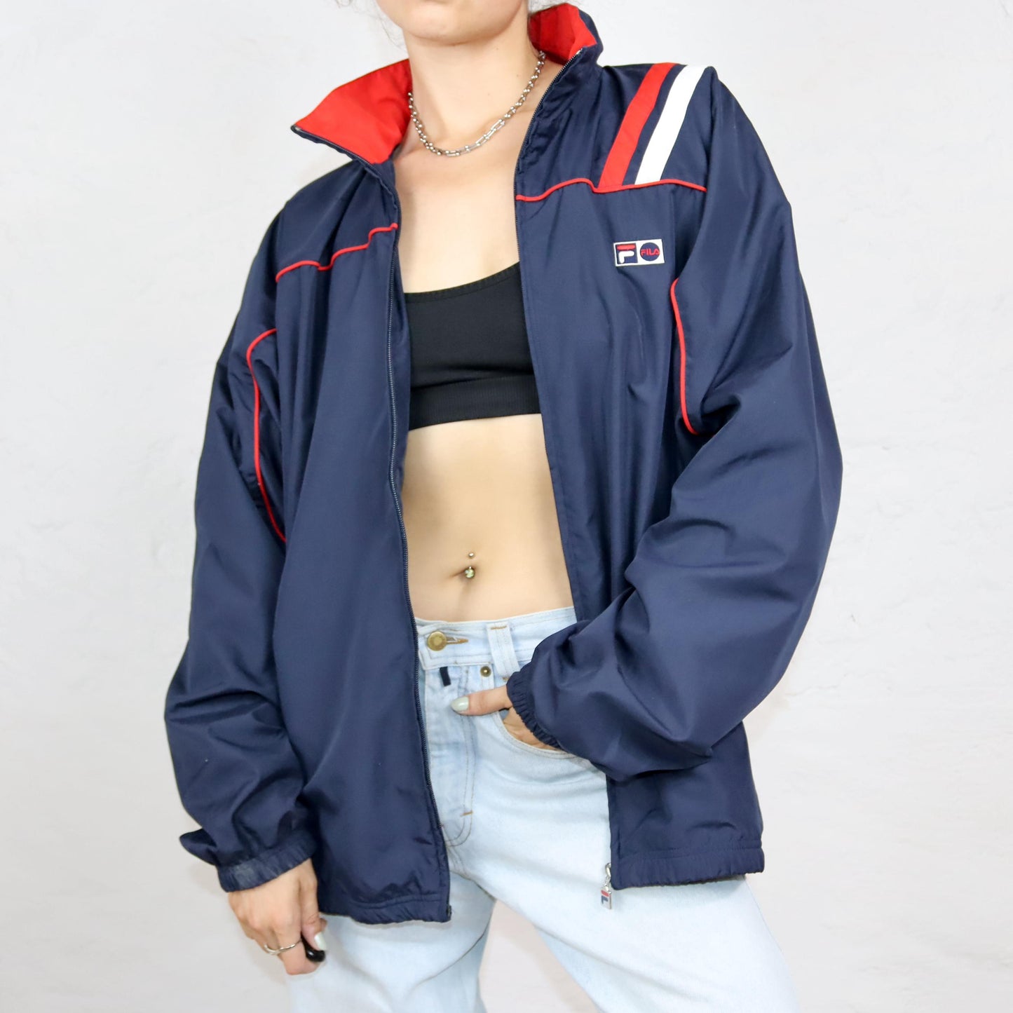 Vintage 80s 90s Y2k FILA tracksuit jacket dark blue red stand-up collar XL